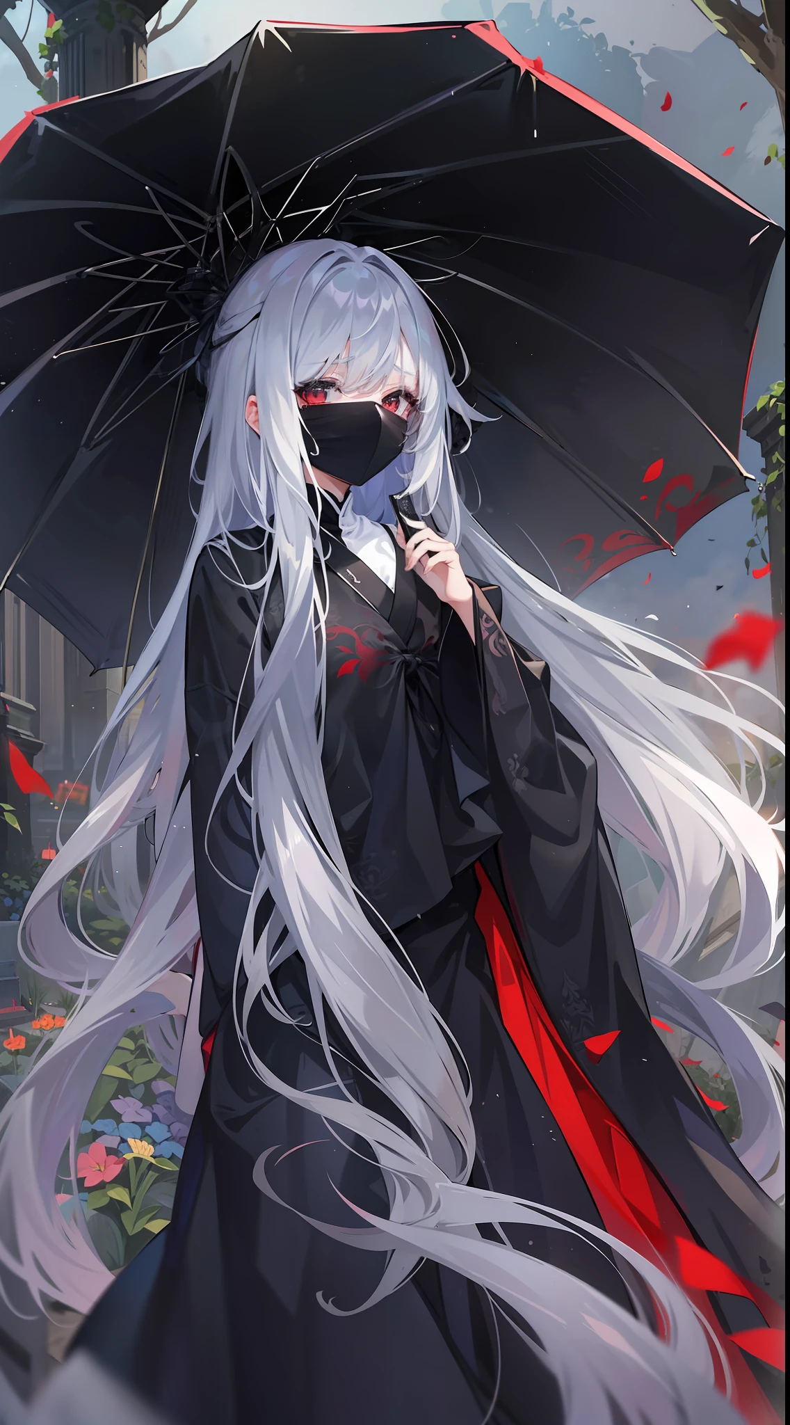 Girl in a dream。I have long silver hair。I'm dressed as a ghost。Wearing a black cloth。Has a red mask。I'm looking languidly。The background is a cemetery。It is an illustration of the highest quality。It is a beautiful illustration。