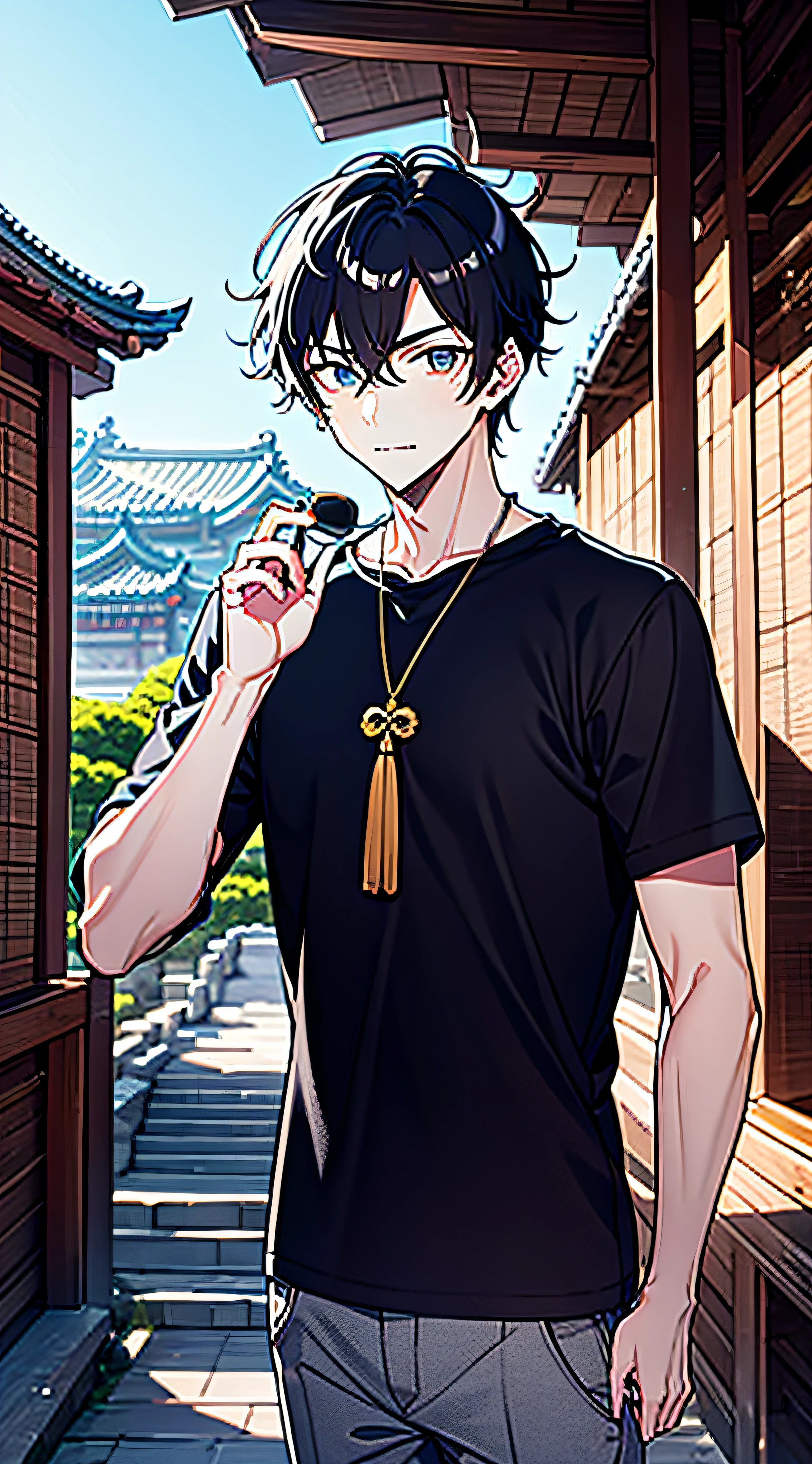 1boy，Black hair，Black shirt，Bring sunglasses，Imperial Palace of the Ming Dynasty，Messy hair, 8K分辨率,towns，Ancient town，Handsome，Exquisite facial features，high and cold，