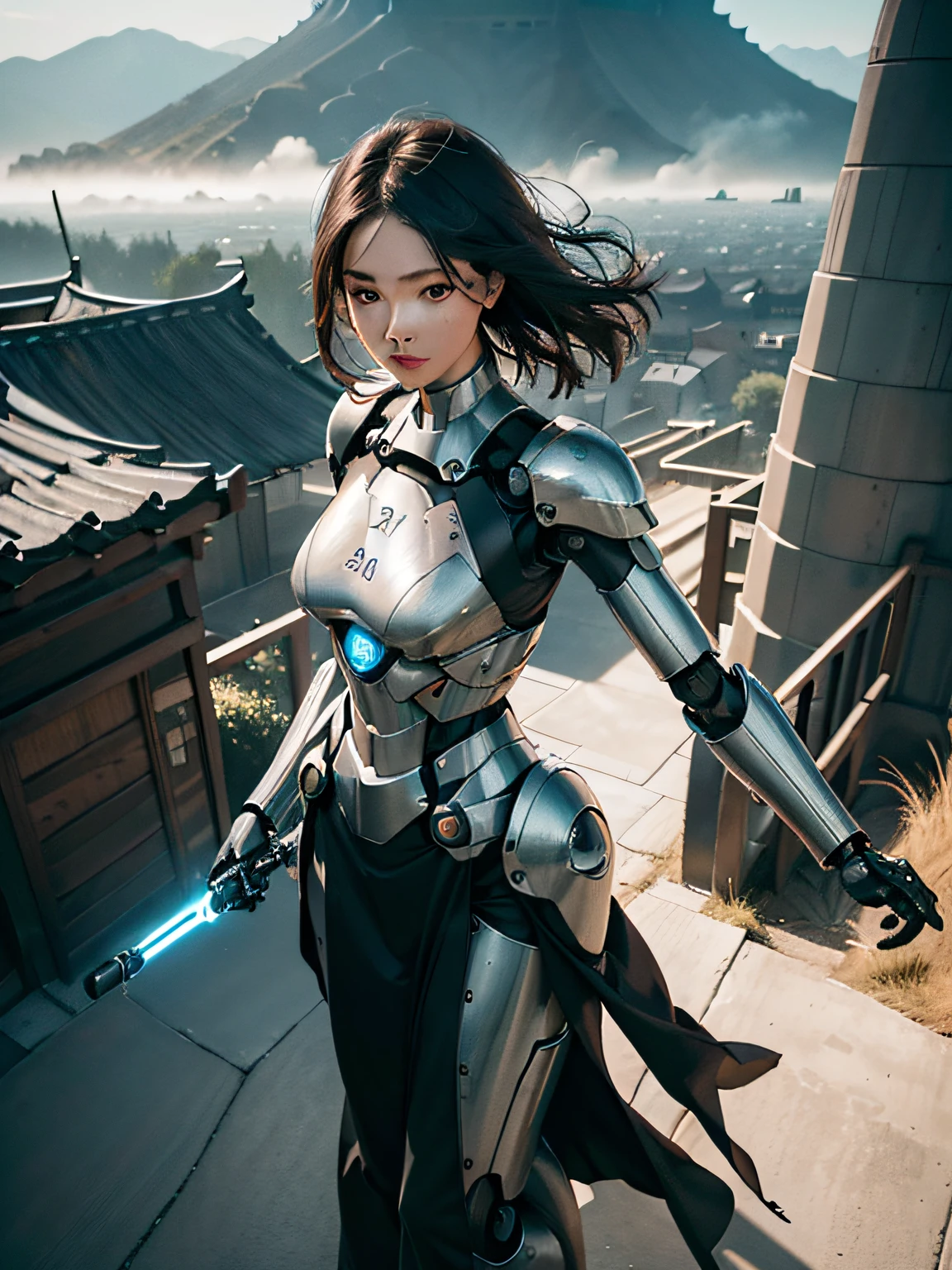 zhongfenghua, (RAW photo, best quality), (realistic, photo-realistic:1.3), extremely delicate and beautiful, Amazing, finely detail, masterpiece, ultra-detailed, highres,best illustration, best shadow,intricate,depth of field,(dramatic lighting:1.4),(from above:1.2),sharp focus, volumetric fog, 8k UHD, DSLR, high quality,( film grain:1.4), Fujifilm XT3,full body,A beautiful young woman wearing black trench coat, half human half robot face, ((1 robot,1 robot,Mechanical costalis,Mechanical spine))|Monotonous metallic color,Metal has no color, robot no color,robot girl,metallic mixture,cyborg girl)),looking at viewer, facing front, fighting stance
(Cable:1.2),(Transmission tube:1.2),(Machine eye:1.3),((Mechanical part connection)),((both arms)|(complex mechanical component:1.2~1.6)),((costalis)|(robot joints:1.2~1.6)), ,streamlinerai mecha,(lightsaber),earth,milky_way,starry,water,((armor)),water,wave