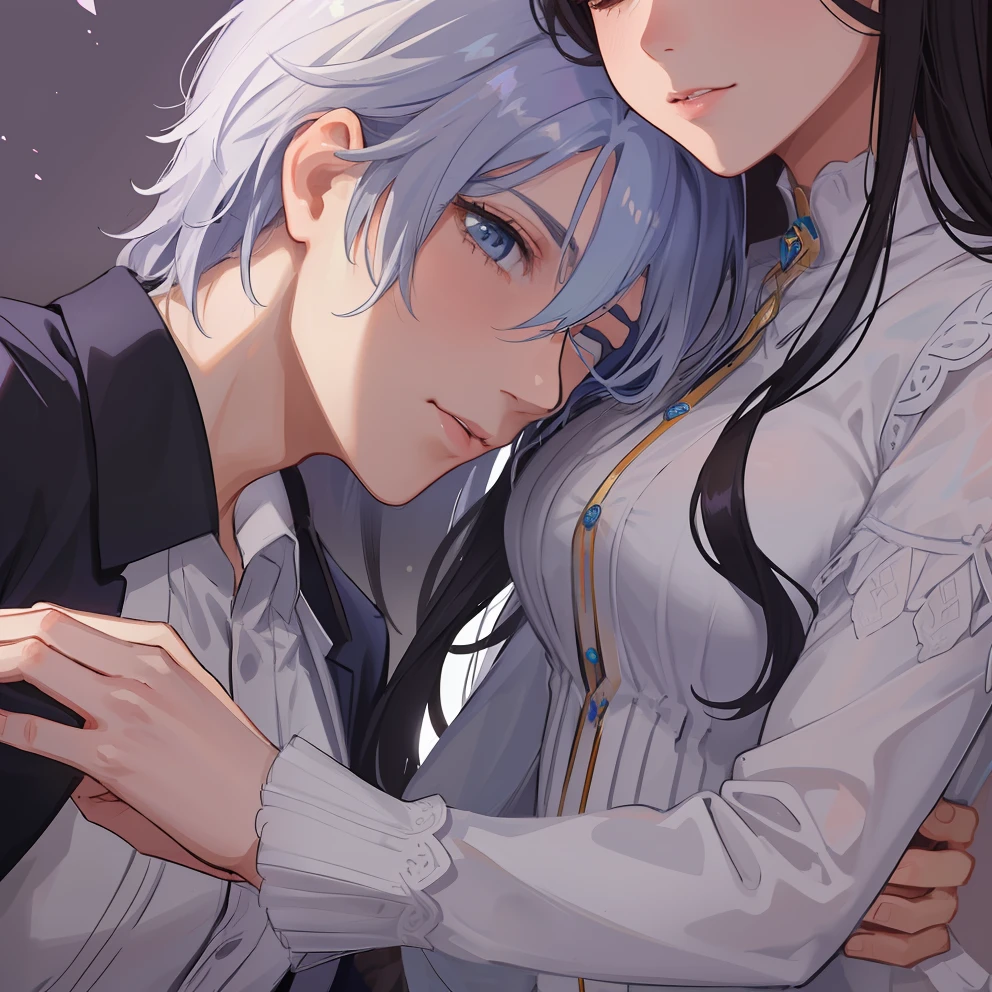 1homem, olhos azuis afiados com pupilas afiadas, cabelos brancos afiados e ele estava vestindo vestes nobres pretas e, Intimate embrace and will kiss with his beautiful wife, ela tem cabelos castanhos claros ((rosto de 41 anos))