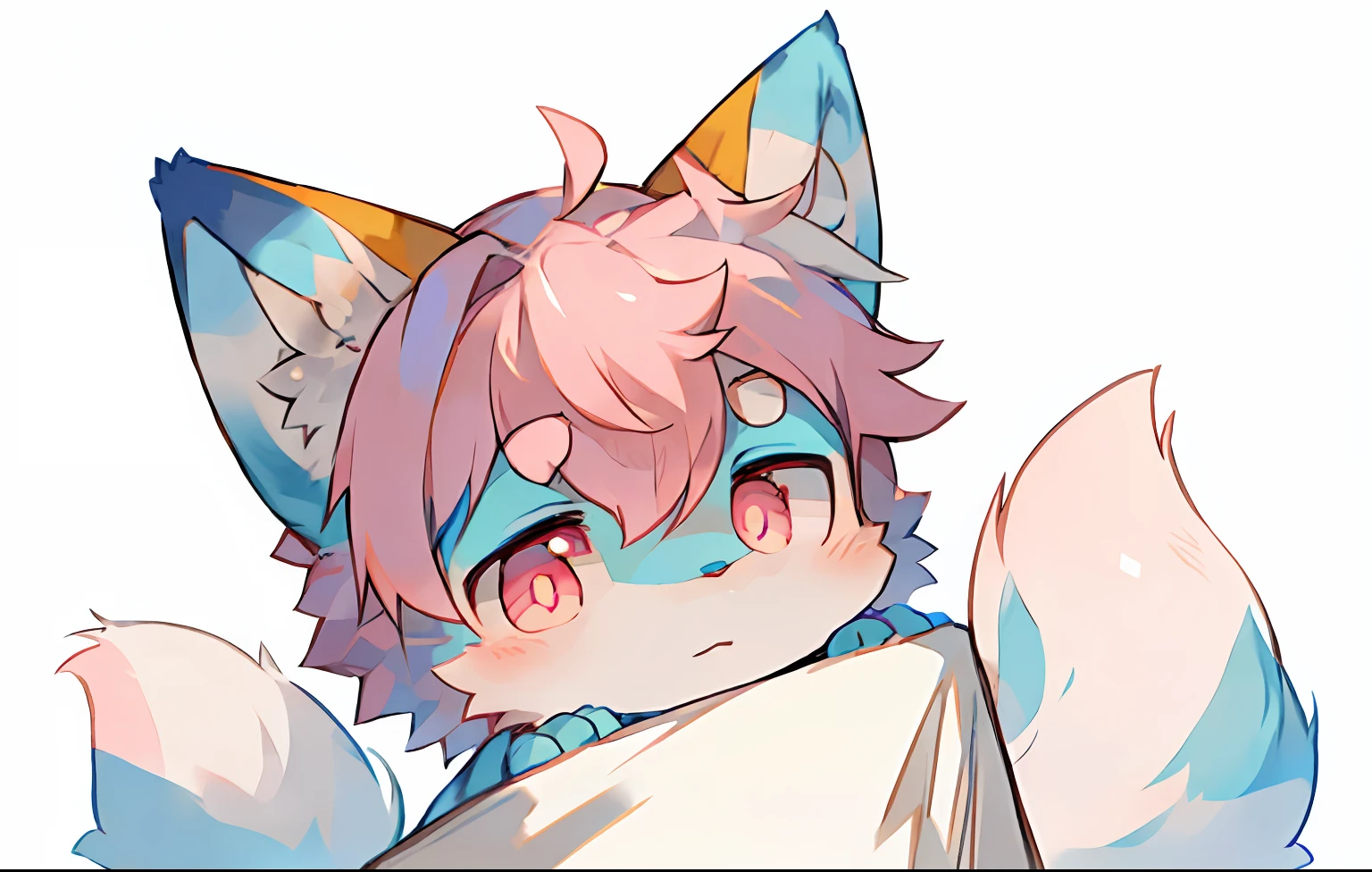 eyes with brightness,Bust photo of the character,Q version,头像框, Character focus,独奏, shaggy, Furry male cat, Male blue and white color fur, Pink white eyes, A pink-haired(The long),Little cute, Will sell moe,The tips of the ears and tips are pinkish-white and have a tail