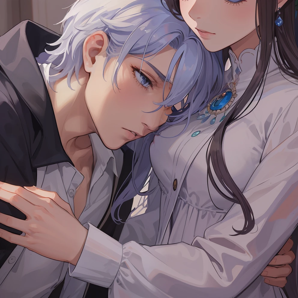 1homem, olhos azuis afiados com pupilas afiadas, cabelos brancos afiados e ele estava vestindo vestes nobres pretas e, Intimate embrace and will kiss with his beautiful wife, ela tem cabelos castanhos claros ((rosto de 41 anos))