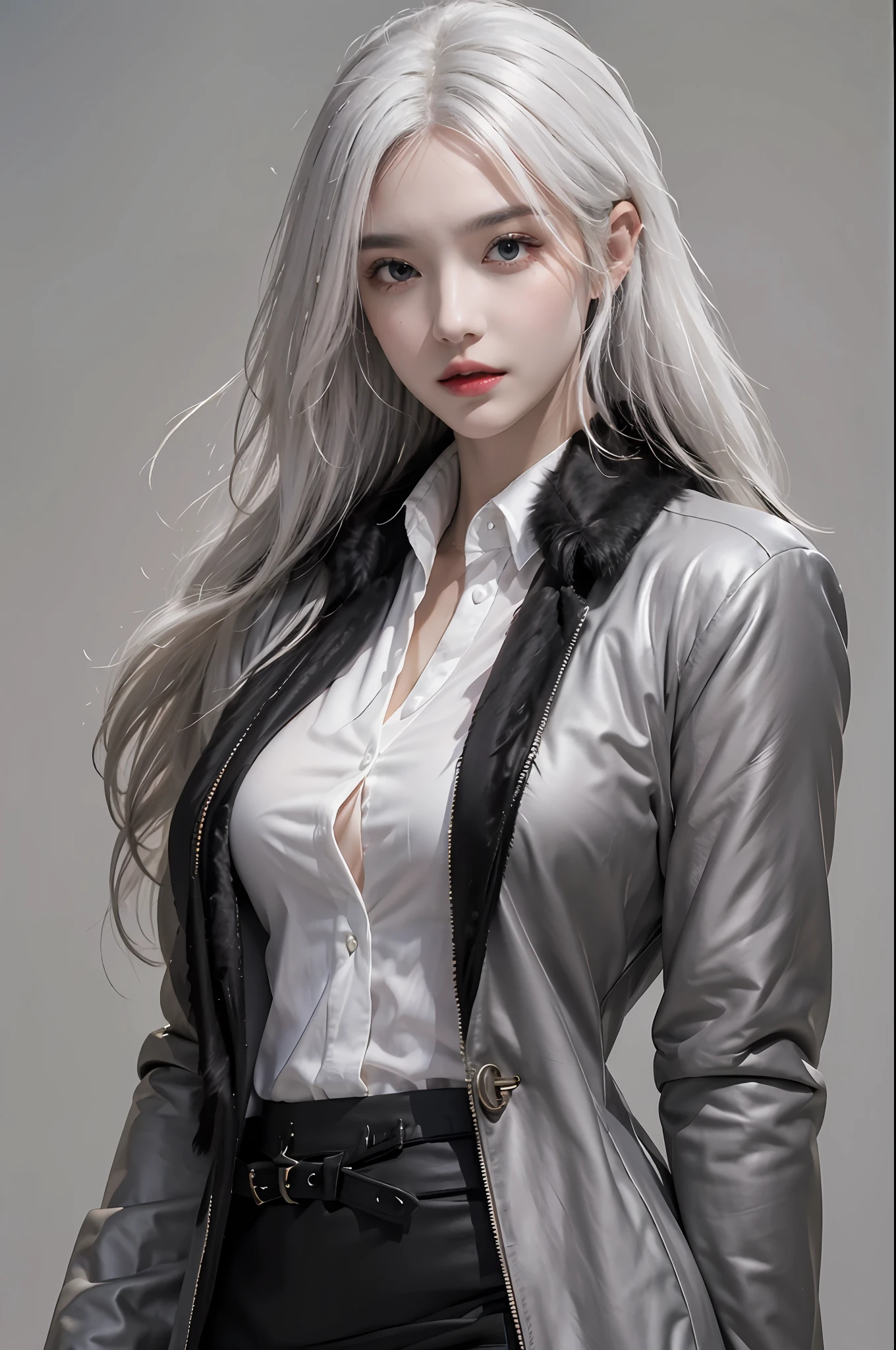 photorealistic, high resolution, 1 women, solo, hips up, beautiful eyes, white hair, long hair, ringed eyes, collared shirt, black necktie,black skirt, pencil skirt, fur coat, black stockings