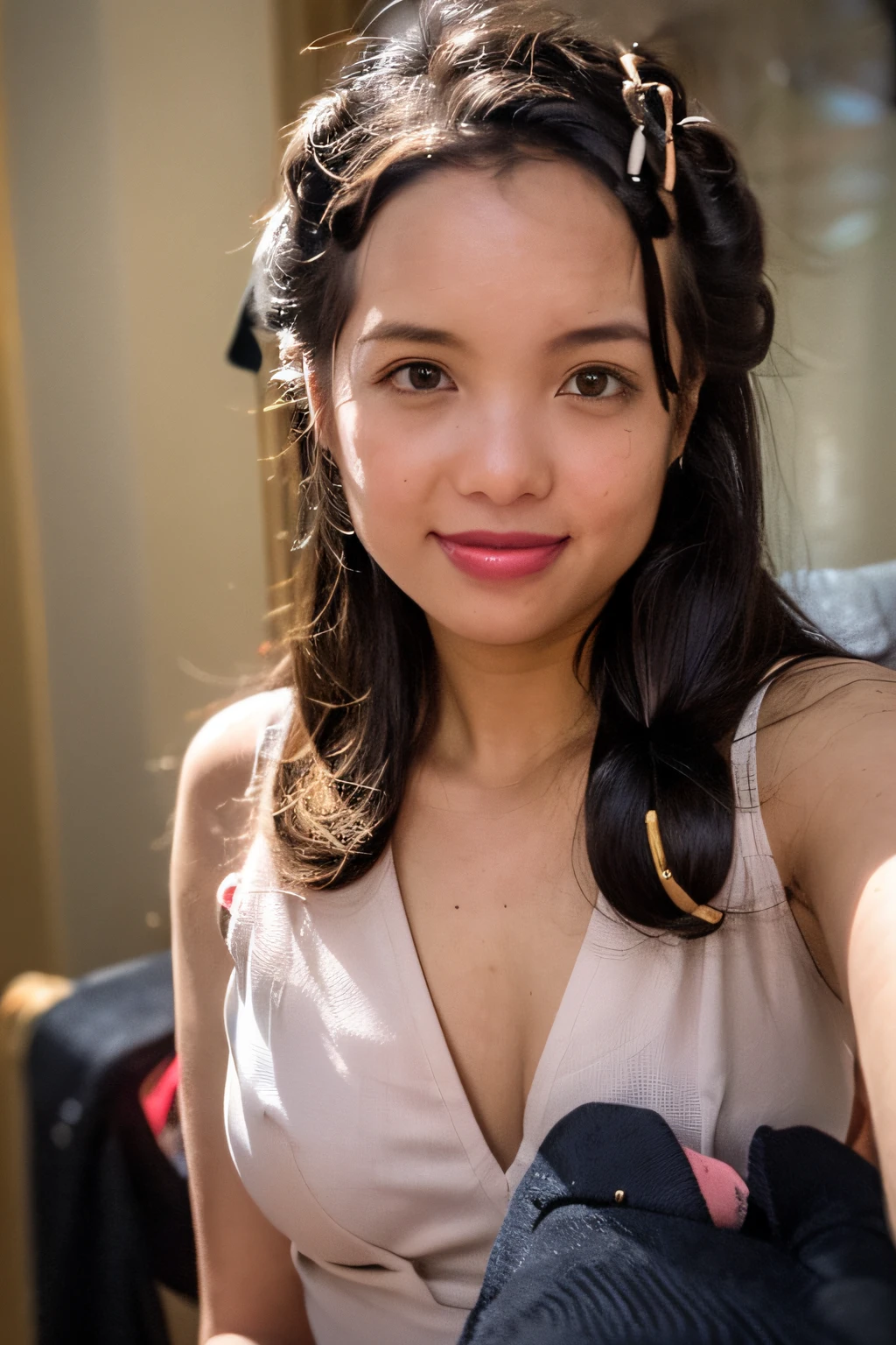 masterpiece, best quality, 1girl, long_hair, light smile, blunt bangs, looking at viewer, selfies, cowboy shot,(shot_hair:2),
(realistic:1.5), cinemagraph, sharp facial skin, sexy breasts