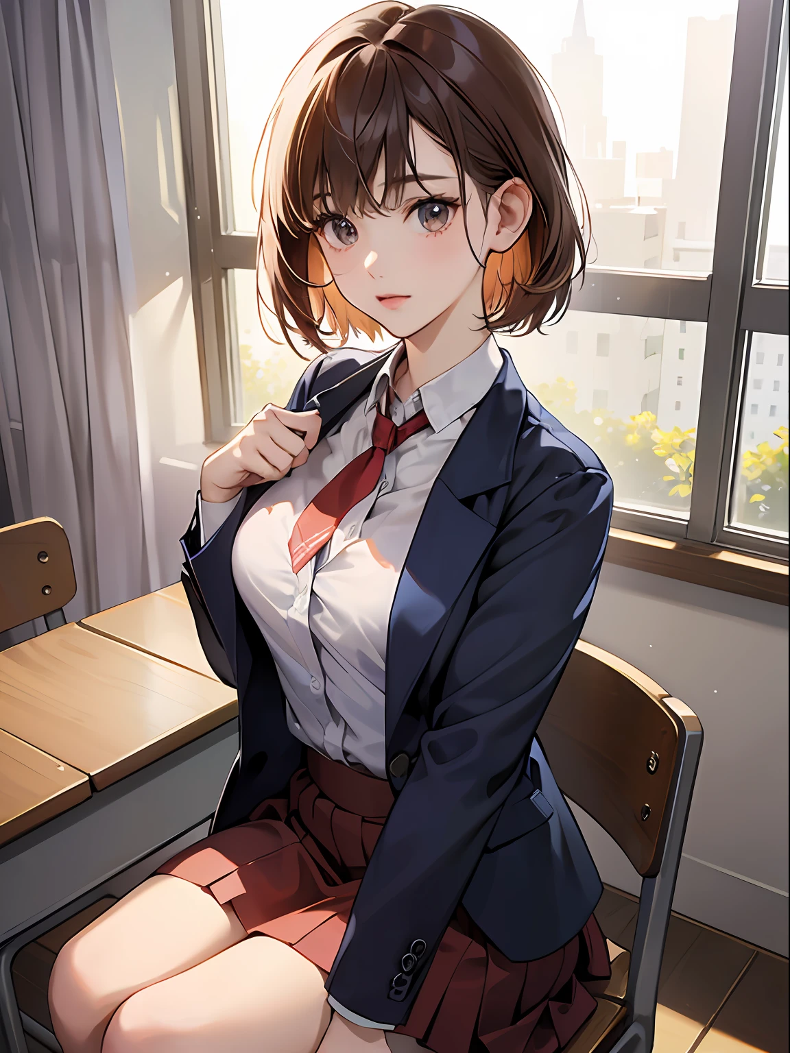 Dark blue blazer、white  shirt、red big ribbon、flered skirt, Red tie, White socks, lowfers,Light brown fringe short hair、Light brown eyes、1girll、Innocent、(Photorealsitic)、(intricate detailes:1.2)、(​masterpiece、:1.3)、(top-quality:1.4)、(超A high resolution:1.2)、超A high resolution、(A detailed eye)、(detailed facial features)、nffsw、8K分辨率、、(lensflare:0.7)、爆乳、Sitting on a desk in a classroom