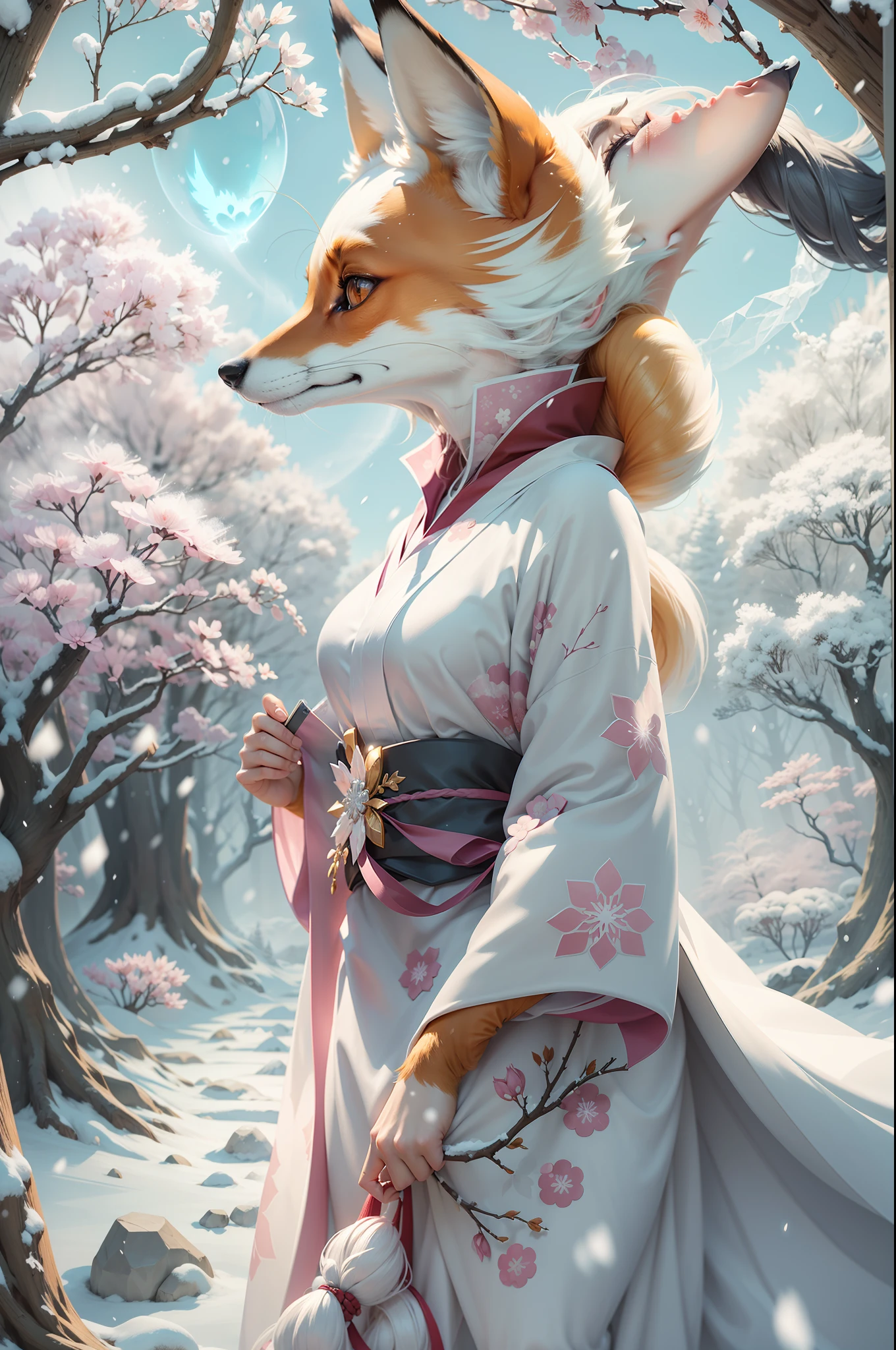 In this captivating digital artwork, behold the enchanting sight of a fox spirit transformed into a stunning snow fox woman BREAK With nine fluffy white fox tails gracefully cascading down her back and fox ears adorning her head, she exudes an otherworldly allure. Clad in a meticulously detailed yukata, every fold and pattern accentuates her ethereal beauty.
BREAK 
In the heart of a freezing Sakura forest, this snow fox woman stands with an air of mystique. As she raises her delicate hands, she conjures a powerful ice spell, channeling her innate sorcery BREAK Countless small ice shards and delicate snowflakes dance and swirl around her, creating a mesmerizing display of frozen elegance.
BREAK 
The backdrop of the Sakura forest, typically known for its vibrant blooms, is transformed into a winter wonderland. The sakura trees, now adorned with a delicate layer of frost, create a stunning contrast against the snow-covered ground. The chilling air intensifies the ethereal atmosphere, adding an extra layer of enchantment to the scene.
