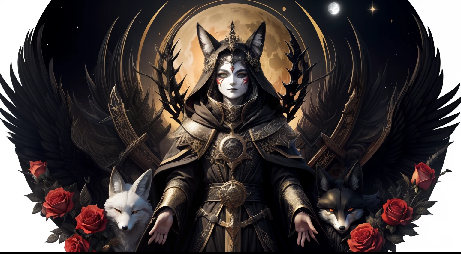 the fox god smiles, Messenger of the saints、Fanciful、Apocalypse、 Renaissance architecture、(One fox with black and white face paint)、Big black presence、skull、roses、spines、BlackKnight、Resistance、Galaxy、Red Moon、 crows、Graphic Noise、Light distortion、Red, black and ((gold))