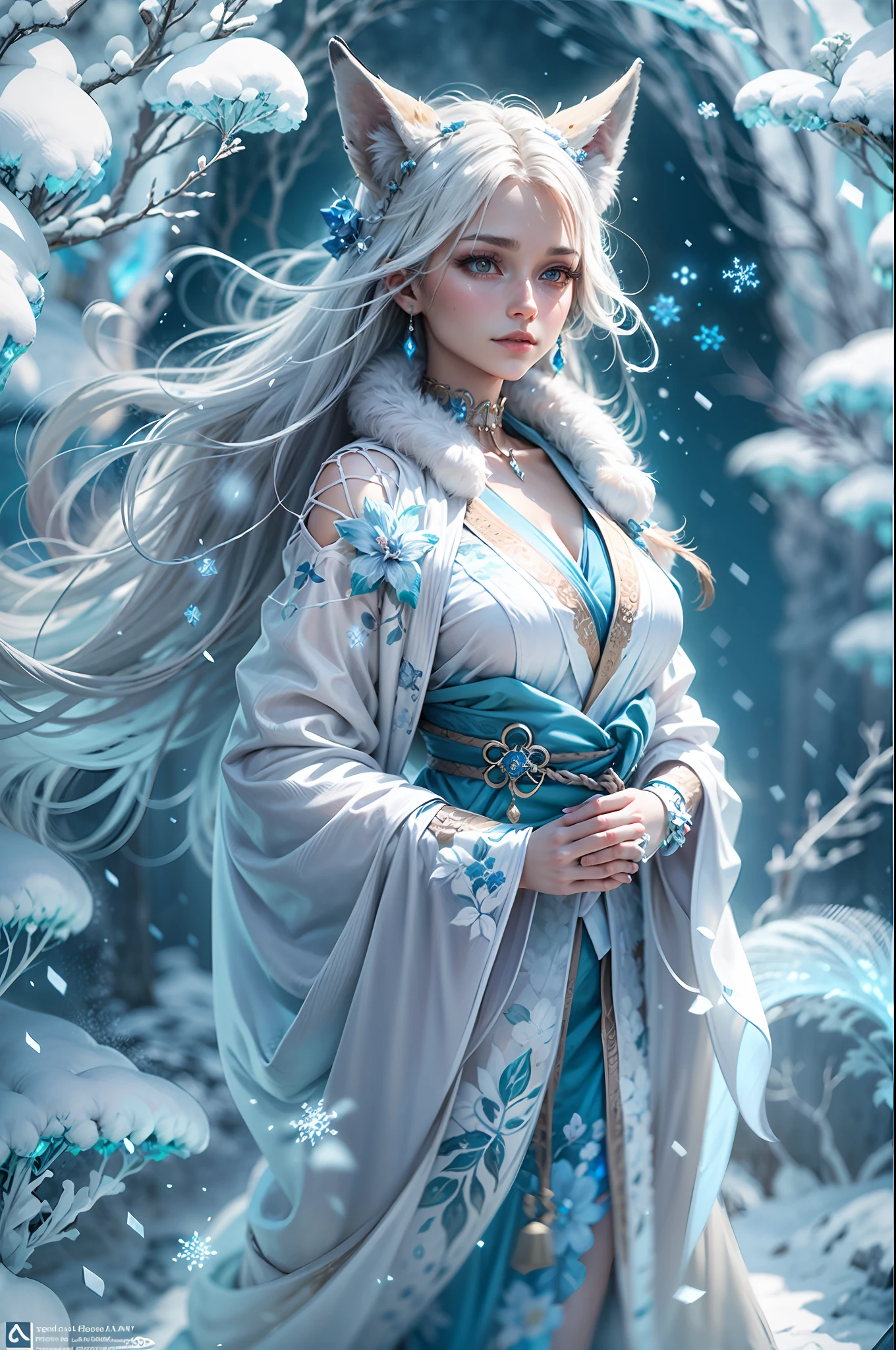 In this breathtaking digital artwork created by Mappa Studios, a stunning snow fox woman takes center stage. With nine fluffy white frosting fox tails on her back and delicate snow fox ears, she exudes an ethereal beauty. Donning an intricately detailed yukata, she stands confidently, locking eyes with viewers. Around her, intricate ice chains intertwine, showcasing her mastery over the element of ice. Her face is flawlessly rendered, capturing every minute detail, from her perfect features to her light smile.
Standing tall with a mature and alluring presence, she emanates a frost aura, a testament to her powerful sorcery. In her hands, she wields an ice spear, ready to unleash its icy might. Countless blue and white ice shards dance and dazzle around her, creating a mesmerizing spectacle. In the background, a small ice phoenix gracefully soars, adding an extra touch of enchantment to the scene.
The ground is adorned with glistening crystals and a blanket of snow, while a blizzard rages, adding a sense of movement and dynamic energy to the composition. Her body, with its seductive curves, perfectly complements the overall aesthetic.
This highly detailed digital artwork is rendered in 4K resolution, utilizing the cutting-edge Octane render engine to bring out every intricate detail. The use of bioluminescent elements adds an otherworldly glow to the piece, further enhancing its magical atmosphere. Created with the utmost realism in mind, this artwork is a true masterpiece, showcasing the best quality and official art from Mappa Studios.
The illustration employs a ligne claire style, with clean lines and precise compositions, ensuring a visually pleasing experience. The color palette, with its cool tones, adds a sense of tranquility and mystique to the fantasy setting. The overall concept and execution of the artwork, in its 8K resolution glory, stand as a testament to Mappa Studios' commitment to realism and artistic excellence.