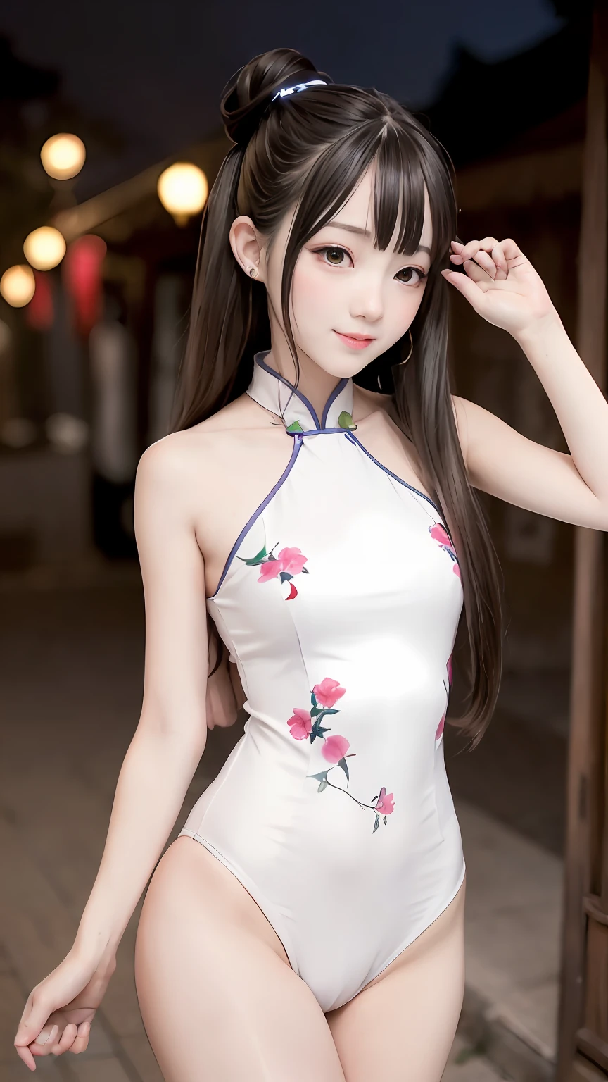 (超高分辨率,Photorealistic,Realistic,Best quality,photo-realistic), (highdetailskin,Visible pores),(Real Human,photographed), (((random colors,Song suit,Chinese style))),Realistic,Simple background,full bodyesbian, (8K, RAW photo, Best quality, Masterpiece),(1 girl),photon maping, Radio City, Physically-based rendering,automatic white balance,(((haunting smile,Long hair))),Watery eyes, (Blush|Cute and playful|Adorable|Willow slender waist|Thick bangs|Beauty|double tails|hair-bun,),(view the viewer),(irises and pupils are rounded,the pupil reflelts the surroundings,Eyes are not the same size), Chinese street, scenery, Morning