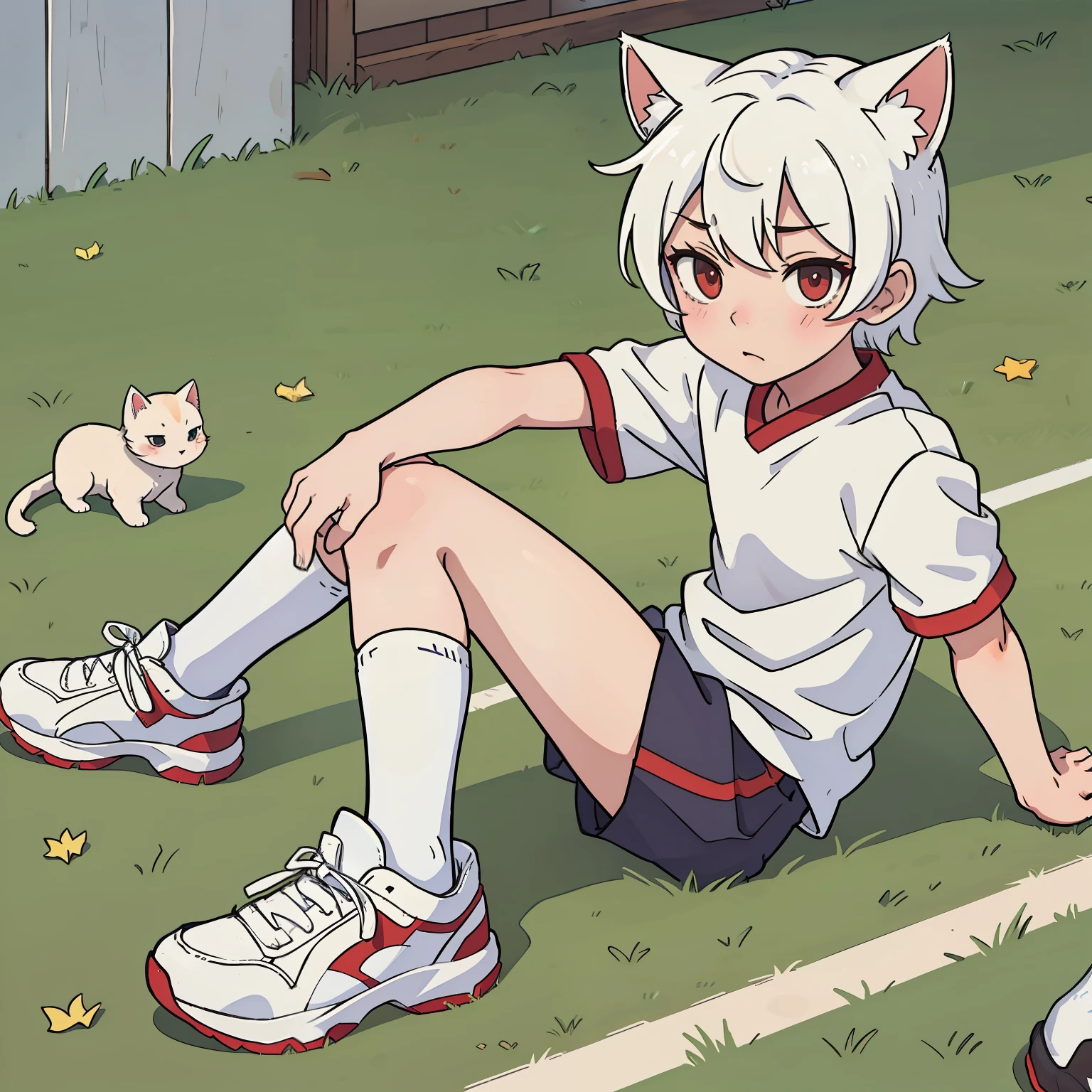 Shota, White high socks, Sports wear(rot,blanche), 1人, Cat ears, tmasterpiece, k hd, lawns