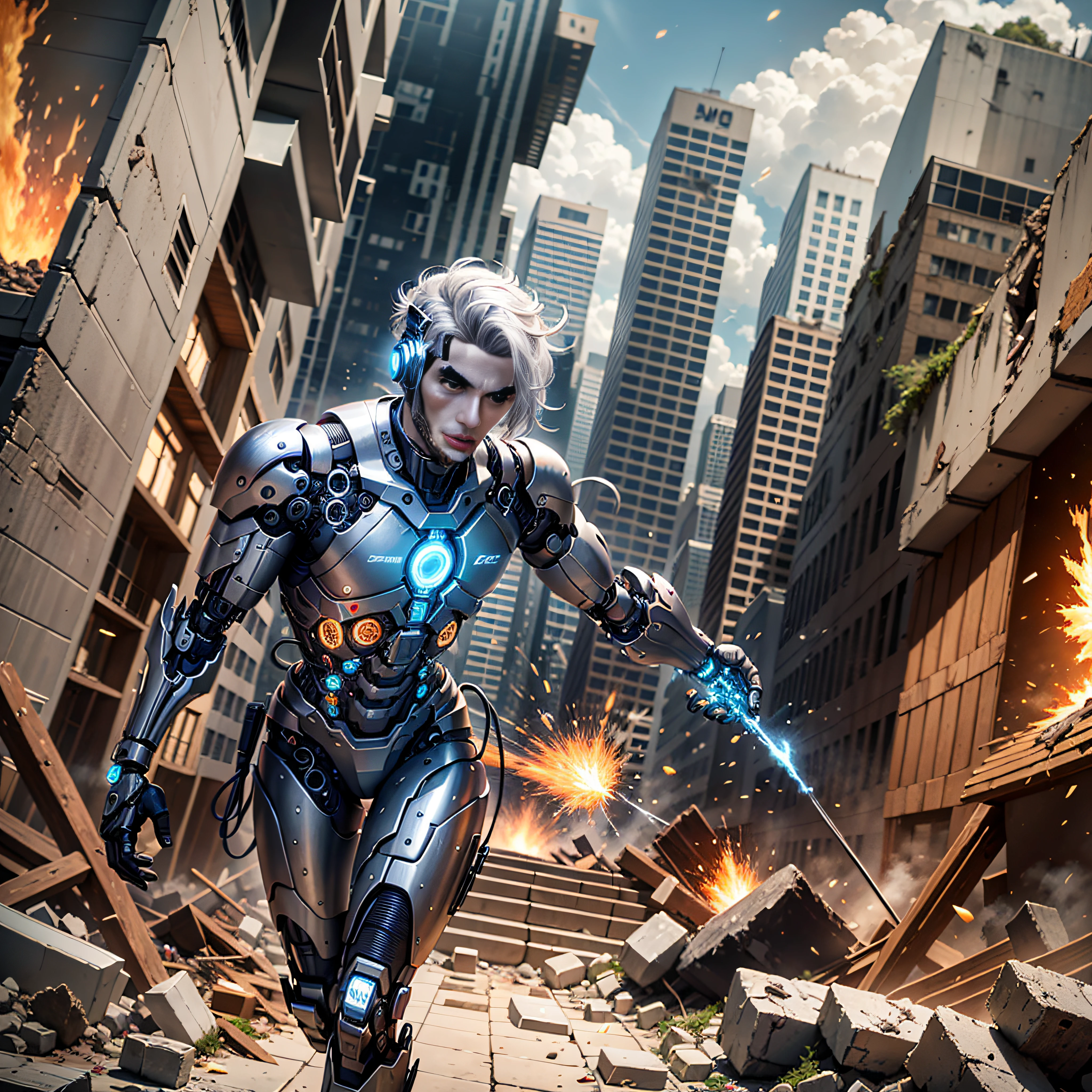 3805417023, crashing through a wall exploding rubble, real person, handsome face, cool, (((Perfect Cyborg))) Wearing Sci-Fi Headset, Cool Man, (((Cyborg arm))), (((cyborg legs))), Silver Hair, Manipulator, CG,