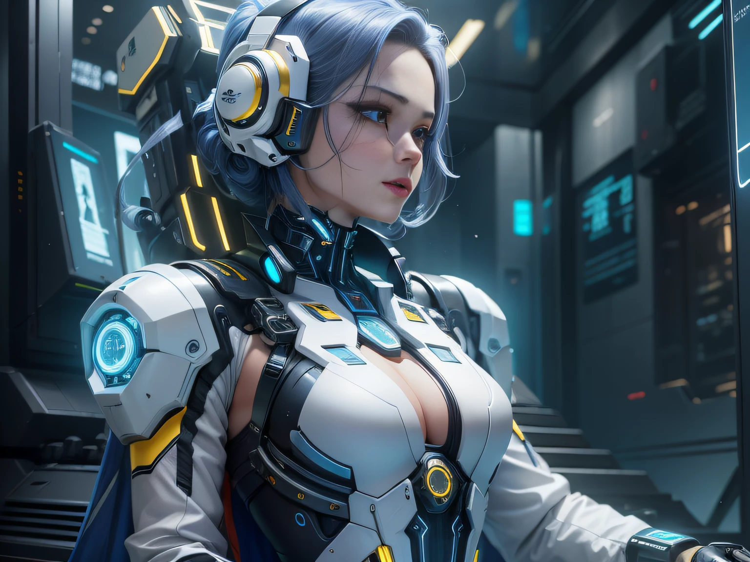 Highest image quality，Outstanding details，超高分辨率，（Fidelity：1.4）, Favor the details，closeup cleavage，The background is a scene of a cosmic celestial body, High-tech ships fly far,He has a delicate and beautiful face，（（Blue-white semi-mechanical body：1.8）），High-tech mecha weapons, Raised sexy，frontage，cyber punk perssonage，Futuristic，mechanically aesthetic，Virtual Engine 5，Perfect detail rendering，rendering by octane，hyper HD