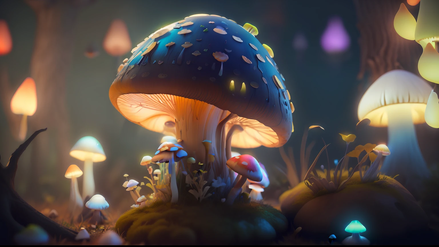 On the ground sits a mushroom tree, beautiful octane render, ultra realistic 3d illustration, glowing mushrooms, magic mushrooms, 3 d render stylized, stylized 3d render, mushrooms style and macro style, in the art style of filip hodas, 3 d render beeple, by filip hodas, super rendered in octane render