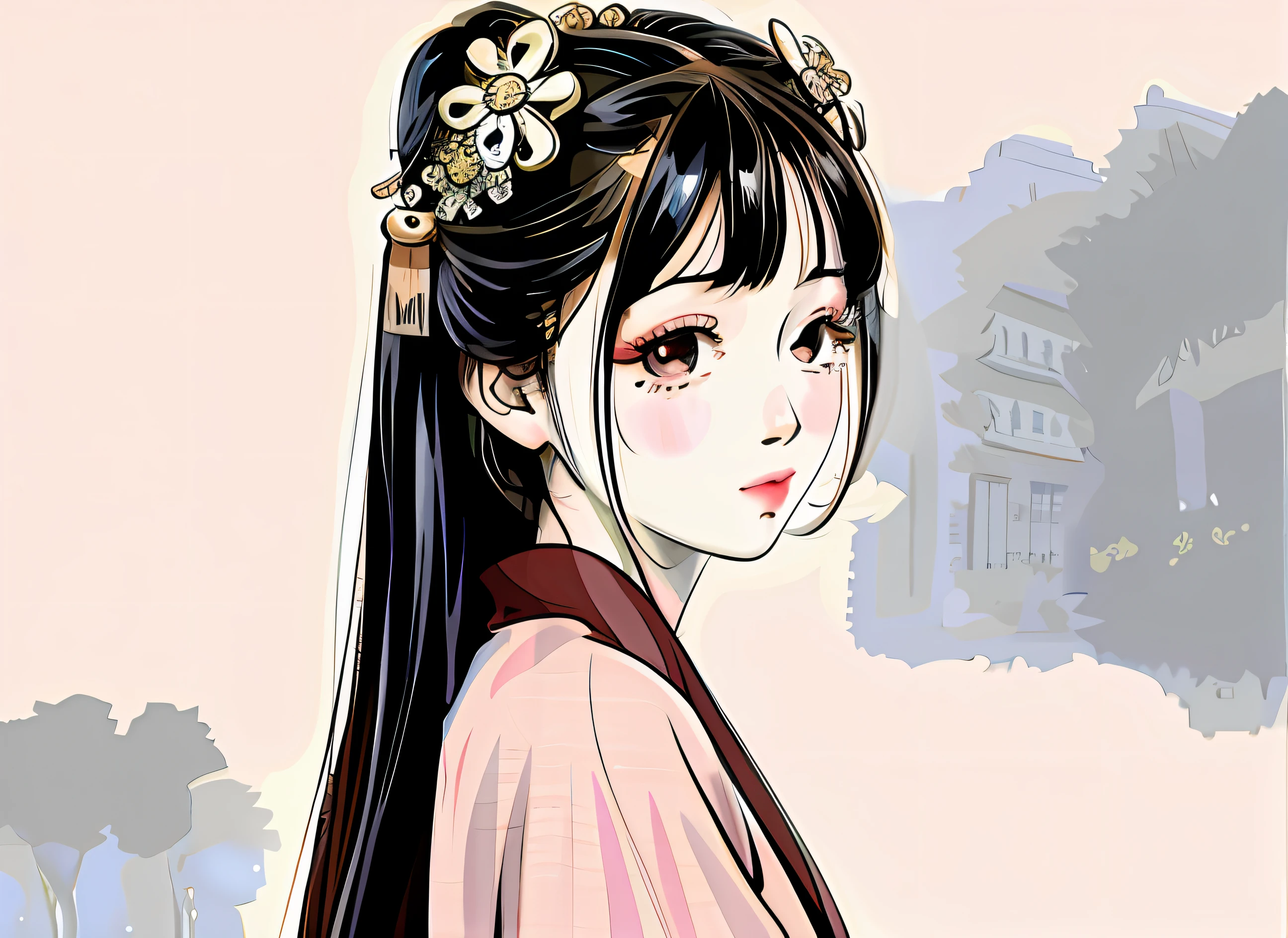 Anime girl with long black hair and flowers in her hair,  A girl in Hanfu,courtyard，clubs，yuki，rays of sunshine， inspired by Ma Yuanyu, Digital anime illustration, in the art style of bowater, Beautiful anime style, Anime style portrait, anime styled digital art, Guviz-style artwork, Anime style illustration, digital manga art, in an anime style