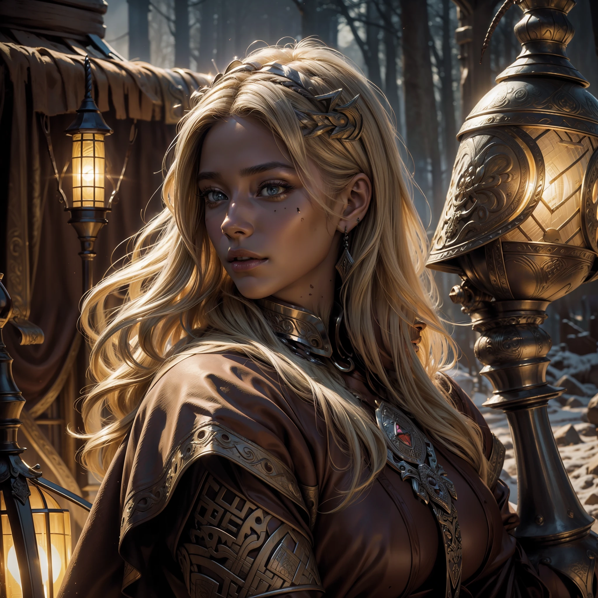 (ultra detailed, artwork, masterpiece, high quality), a Viking woman (chocolate skin:1.3) long and blonde ((sidecut)), in the background a medieval war camp, ((hyperrealistic cinematic light:1.3))