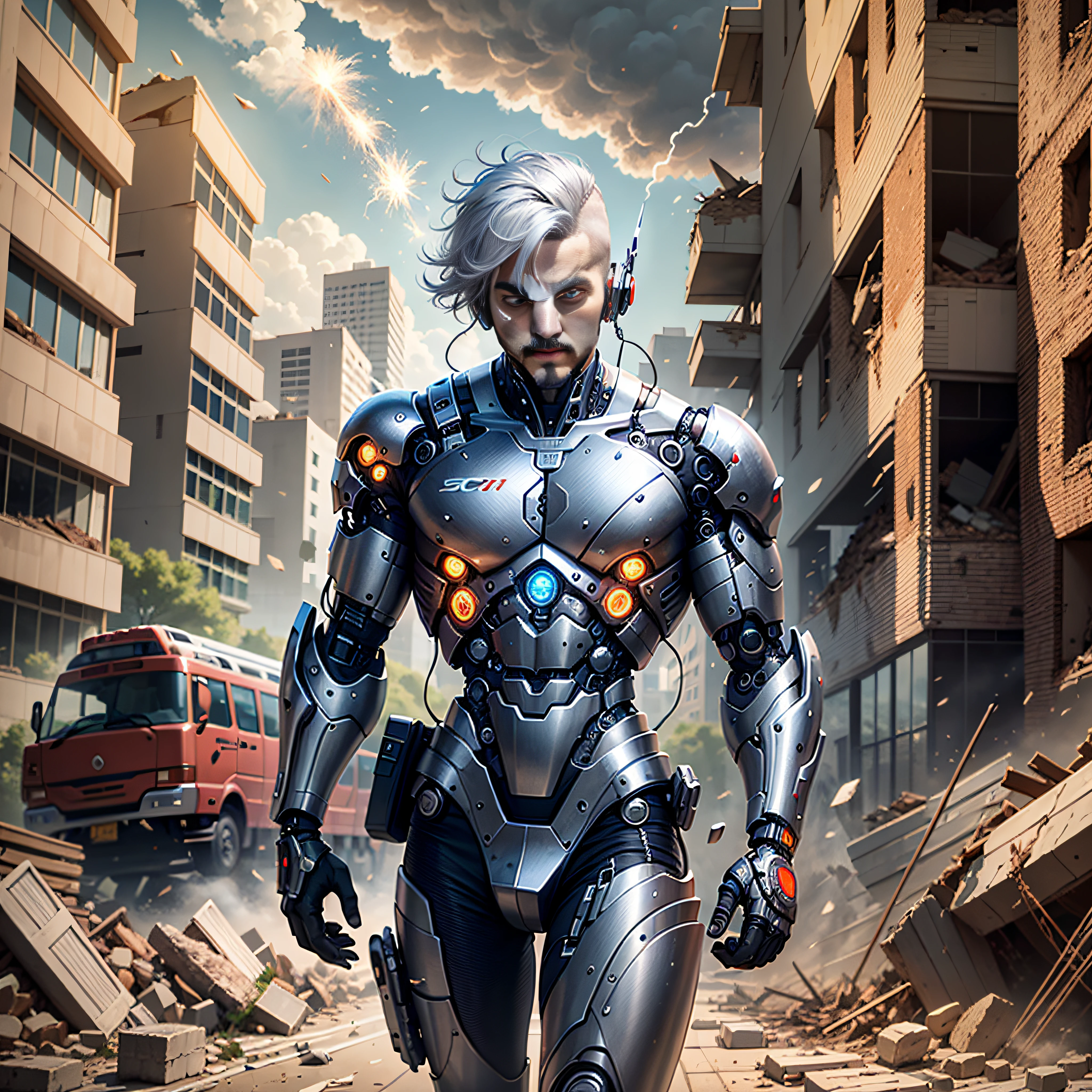 3805417023, crashing through a wall exploding rubble, real person, handsome face, cool, (((Perfect Cyborg))) Wearing Sci-Fi Headset, Cool Man, (((Cyborg arm))), (((cyborg legs))), Silver Hair, Manipulator, CG,