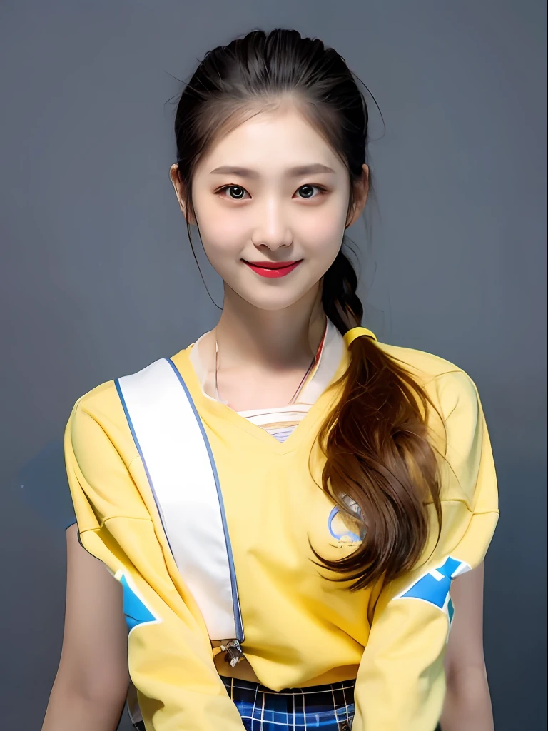 17-year-old female high school student,rays of sunshine,Smile sweetly,Tie a ponytail,Wear PVC white and yellow sweatshirts