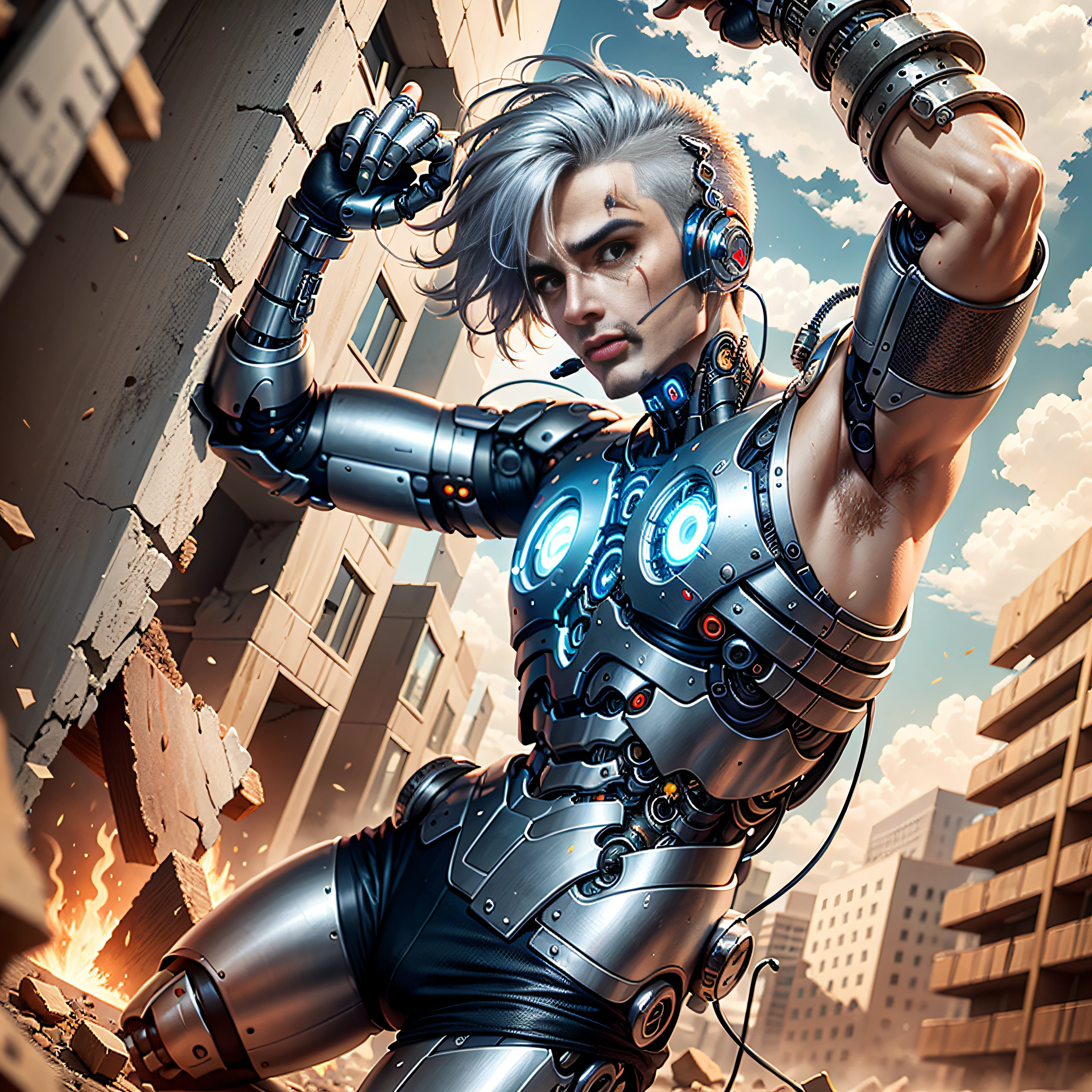 3805417023, crashing through a wall exploding rubble, real person, handsome face, cool, (((Perfect Cyborg))) Wearing Sci-Fi Headset, Cool Man, (((Cyborg arm))), (((cyborg legs))), Silver Hair, Manipulator, CG,