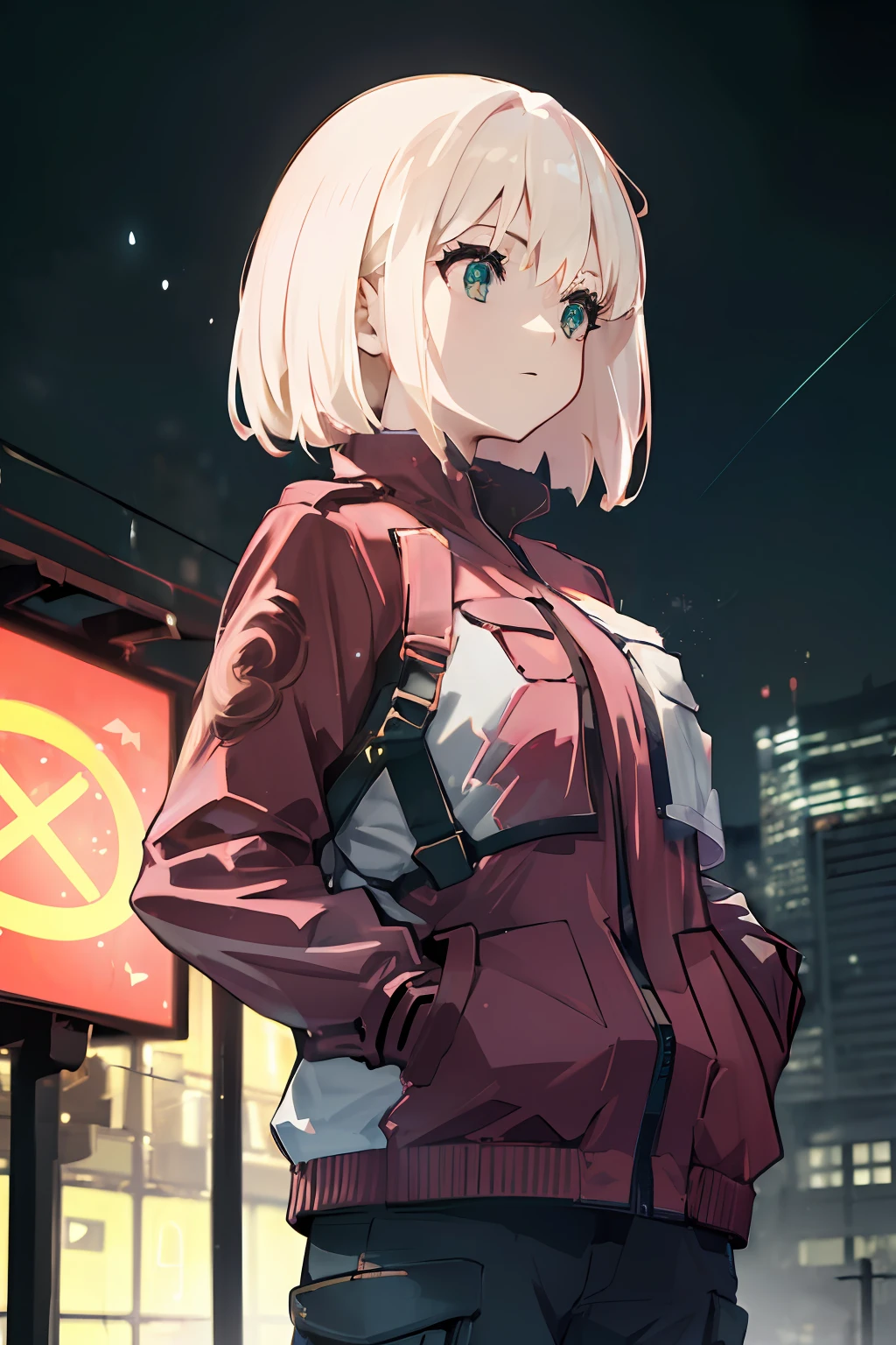 a girl blowing a big bubblegum with both of her hand in her pocket , (hands in pocket:1.4), (big bubblegum:1.4), (Shibuya:1.4), (night lights:1.4), (Thick Body:1.4), (Long Blond Hair:1.4), Green Eyes, HDR (High Dynamic Range), Ray Tracing, NVIDIA RTX, Super-Resolution, Unreal 5, Subsurface Scattering, PBR Texturing, Post-Processing, Anisotropic Filtering, Depth-Of-Field ,Maximum Clarity And Sharpness, Multi-Layered Textures, Albedo And Specular Maps, Surface Shading, Accurate Simulation Of Light-Material Interaction, Octane Render, Two-Tone Lighting, Low ISO, White Balance, Rule Of Thirds, Wide Aperture, 8K RAW, Efficient Sub-Pixel, Sub-Pixel Convolution, (Luminescent Particles:1.4), {{Masterpiece, Best Quality, Extremely Detailed CG, Unity 8k Wallpaper, 3D, Cinematic Lighting, Lens Flare}},