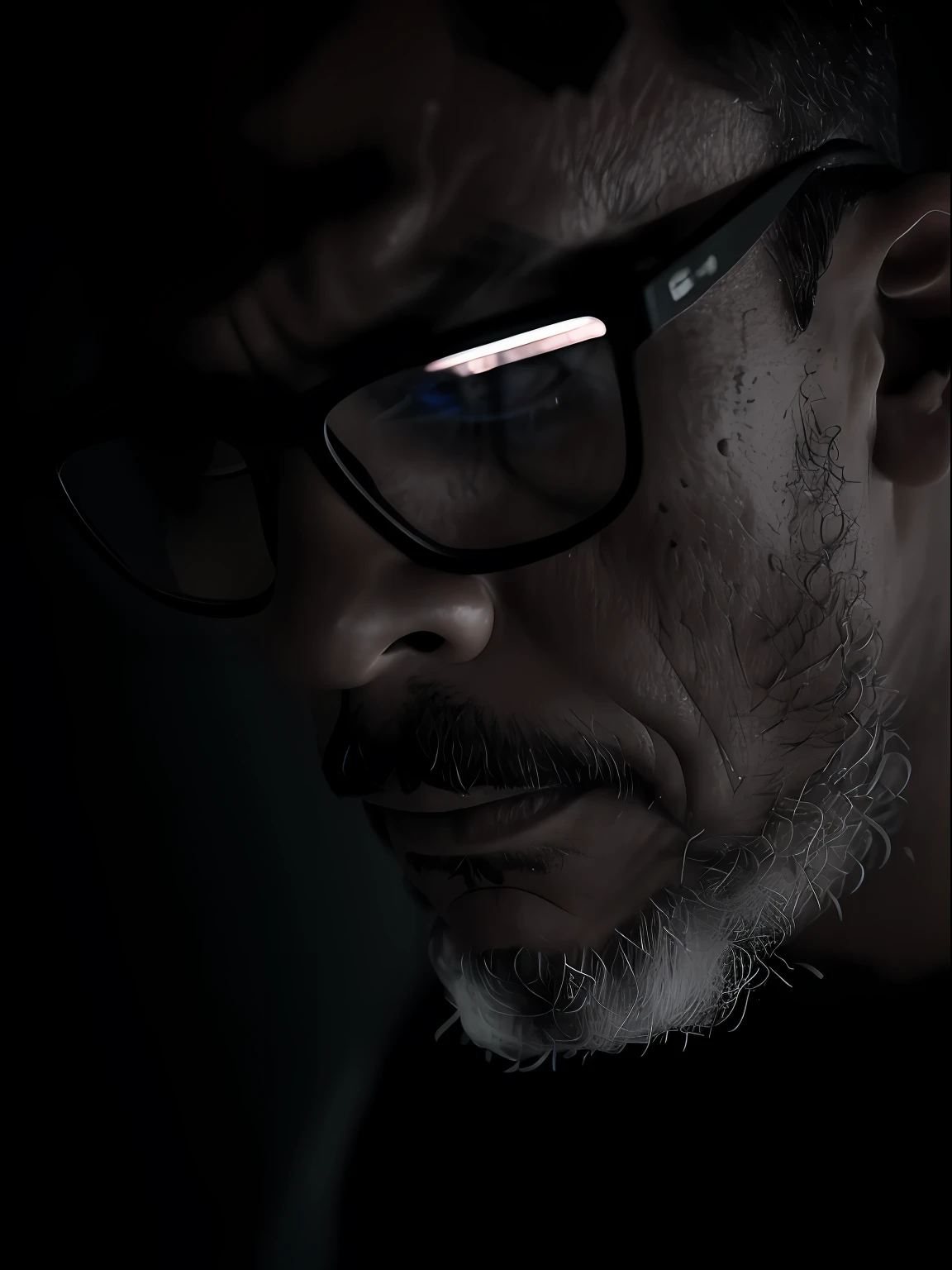 guttonerdjul23, b&w retrato de um homem, glasses, (((Rosto detalhado da pele))), expression wrinkles, (estilo lenhador com longa barba: 1.5), jaqueta de couro bege cru, Camiseta branca sem estampa. One hand is on his face, sad and with his head down. Cena ultra detalhada, DSLR camera with 50mm lens, Illumination from a side light source only, ((vinheta))