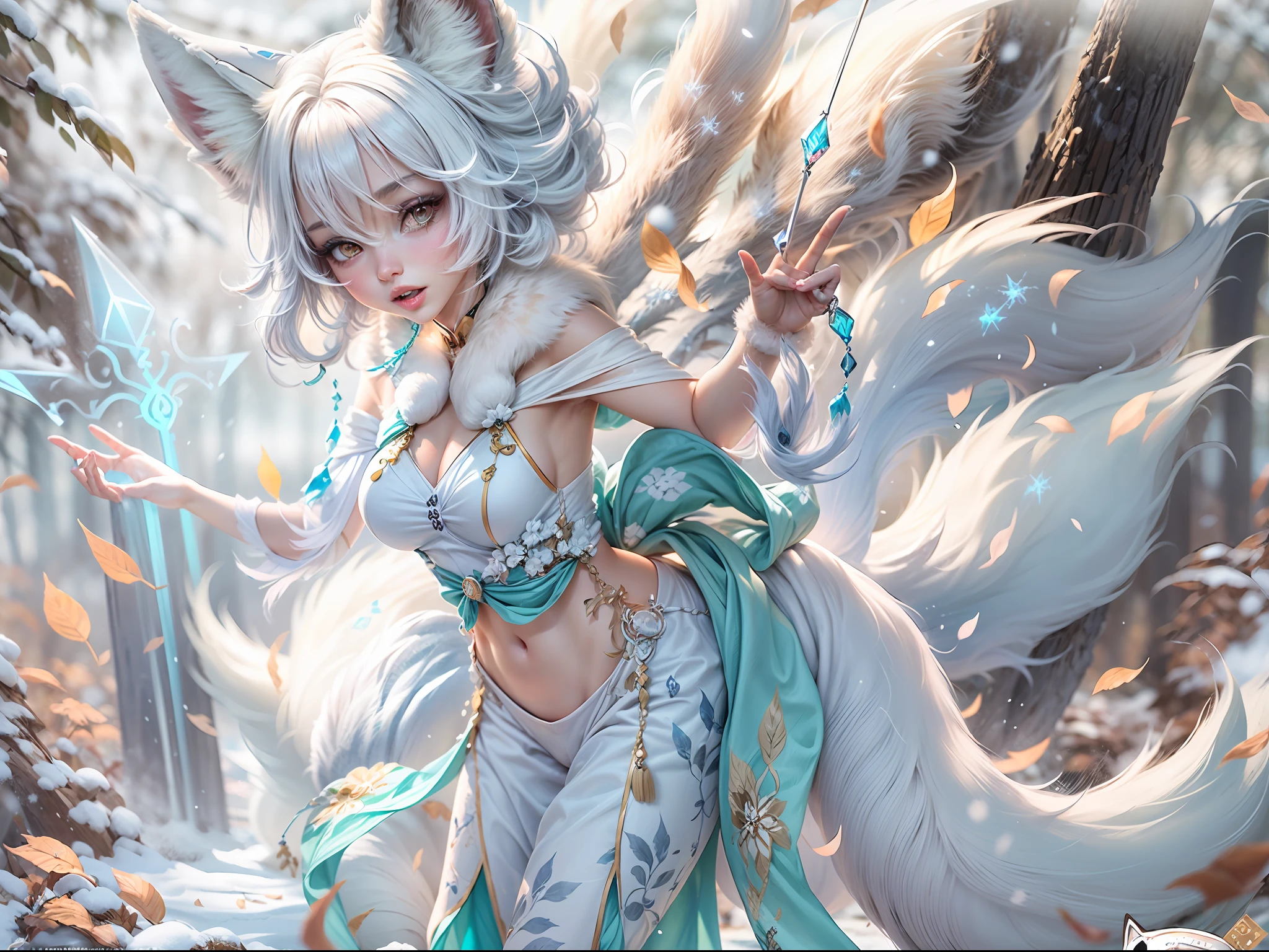 In this breathtaking digital artwork created by Mappa Studios, a stunning snow fox woman takes center stage. BREAK With nine fluffy white frosting fox tails on her back and delicate snow fox ears, she exudes an ethereal beauty. Donning an intricately detailed yukata, she stands confidently, locking eyes with viewers. Around her, intricate ice chains intertwine, showcasing her mastery over the element of ice. Her face is flawlessly rendered, capturing every minute detail, from her perfect features to her light smile,((nine fluffy white fox tails:1.6))
BREAK
Standing tall with a mature and alluring presence, she emanates a frost aura, a testament to her powerful sorcery. In her hands, she wields an ice spear, ready to unleash its icy might. Countless blue and white ice shards dance and dazzle around her, creating a mesmerizing spectacle. In the background, a small ice phoenix gracefully soars, adding an extra touch of enchantment to the scene.
BREAK
The ground is adorned with glistening crystals and a blanket of snow, while a blizzard rages, adding a sense of movement and dynamic energy to the composition. Her body, with its seductive curves, perfectly complements the overall aesthetic.
BREAK
This highly detailed digital artwork is rendered in 4K resolution, utilizing the cutting-edge Octane render engine to bring out every intricate detail. The use of bioluminescent elements adds an otherworldly glow to the piece, further enhancing its magical atmosphere. Created with the utmost realism in mind, this artwork is a true masterpiece, showcasing the best quality and official art from Mappa Studios.