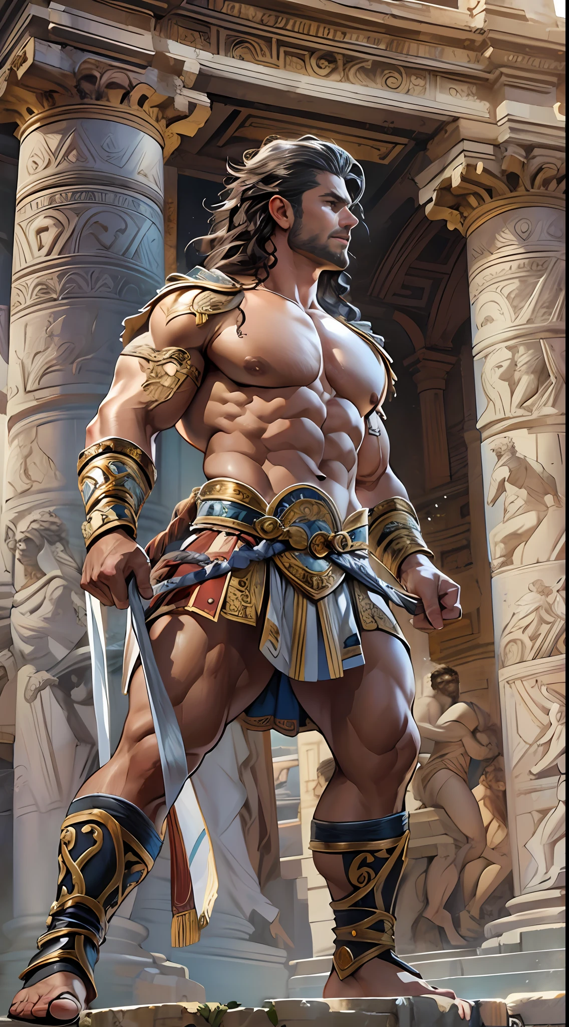 Muscular gladiator,Upper body revealed, legs uncovered from thighs to feet, flowing long curls, intricate muscular details, photorealistic artwork. Background: Ancient Roman arena.,32k uhd, best quality, masterpiece, super detail, high details