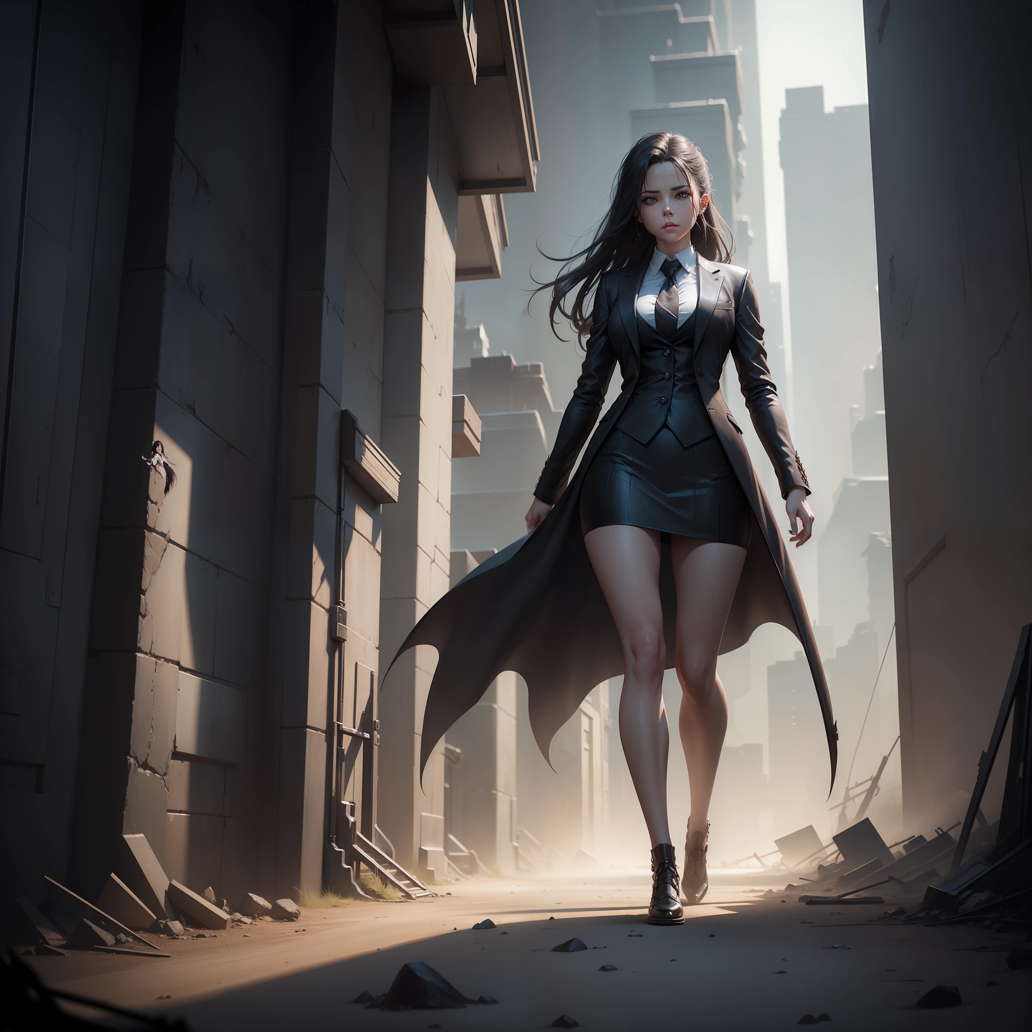 Full length portrait of a girl in a suit in a miniskirt, run、unreal engine fantasy art, 8k fantasy art,  4K fantasy art, an ominous fantasy illustration, epic fantasy game art, Dark fantasy concept art
