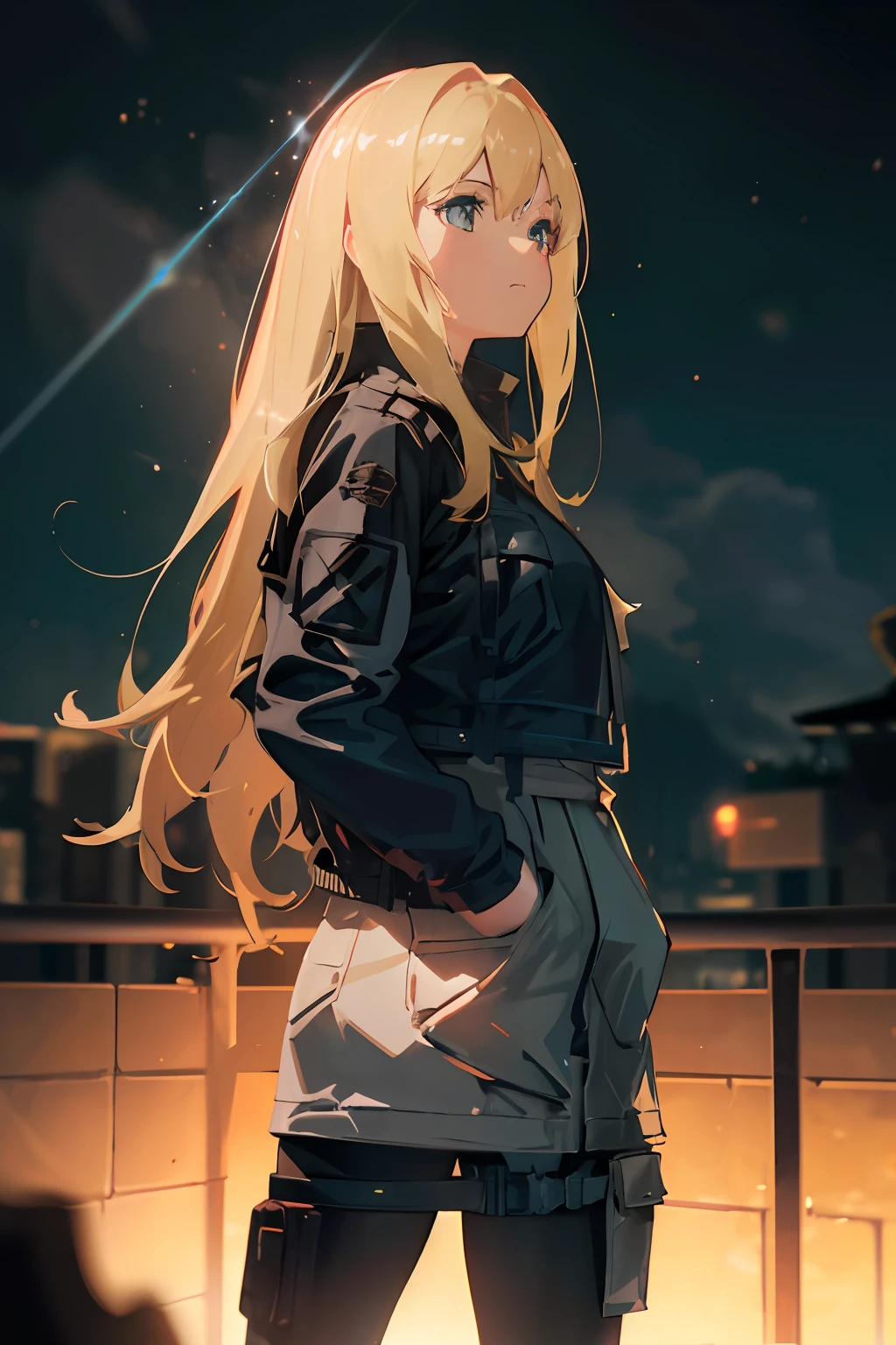 a girl blowing a big bubblegum with both of her hand in her pocket , (hands in pocket:1.4), (big bubblegum:1.4), (Shibuya:1.4), (night lights:1.4), (Thick Body:1.4), (Long Blond Hair:1.4), Green Eyes, HDR (High Dynamic Range), Ray Tracing, NVIDIA RTX, Super-Resolution, Unreal 5, Subsurface Scattering, PBR Texturing, Post-Processing, Anisotropic Filtering, Depth-Of-Field ,Maximum Clarity And Sharpness, Multi-Layered Textures, Albedo And Specular Maps, Surface Shading, Accurate Simulation Of Light-Material Interaction, Octane Render, Two-Tone Lighting, Low ISO, White Balance, Rule Of Thirds, Wide Aperture, 8K RAW, Efficient Sub-Pixel, Sub-Pixel Convolution, (Luminescent Particles:1.4), {{Masterpiece, Best Quality, Extremely Detailed CG, Unity 8k Wallpaper, 3D, Cinematic Lighting, Lens Flare}},