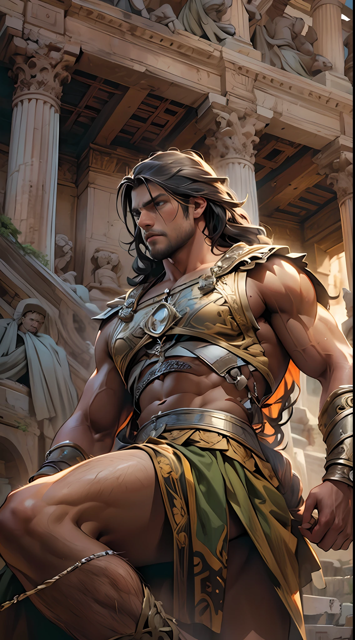Muscular gladiator,Upper body revealed, legs uncovered from thighs to feet, flowing long curls, intricate muscular details, photorealistic artwork. Background: Ancient Roman arena.,32k uhd, best quality, masterpiece, super detail, high details