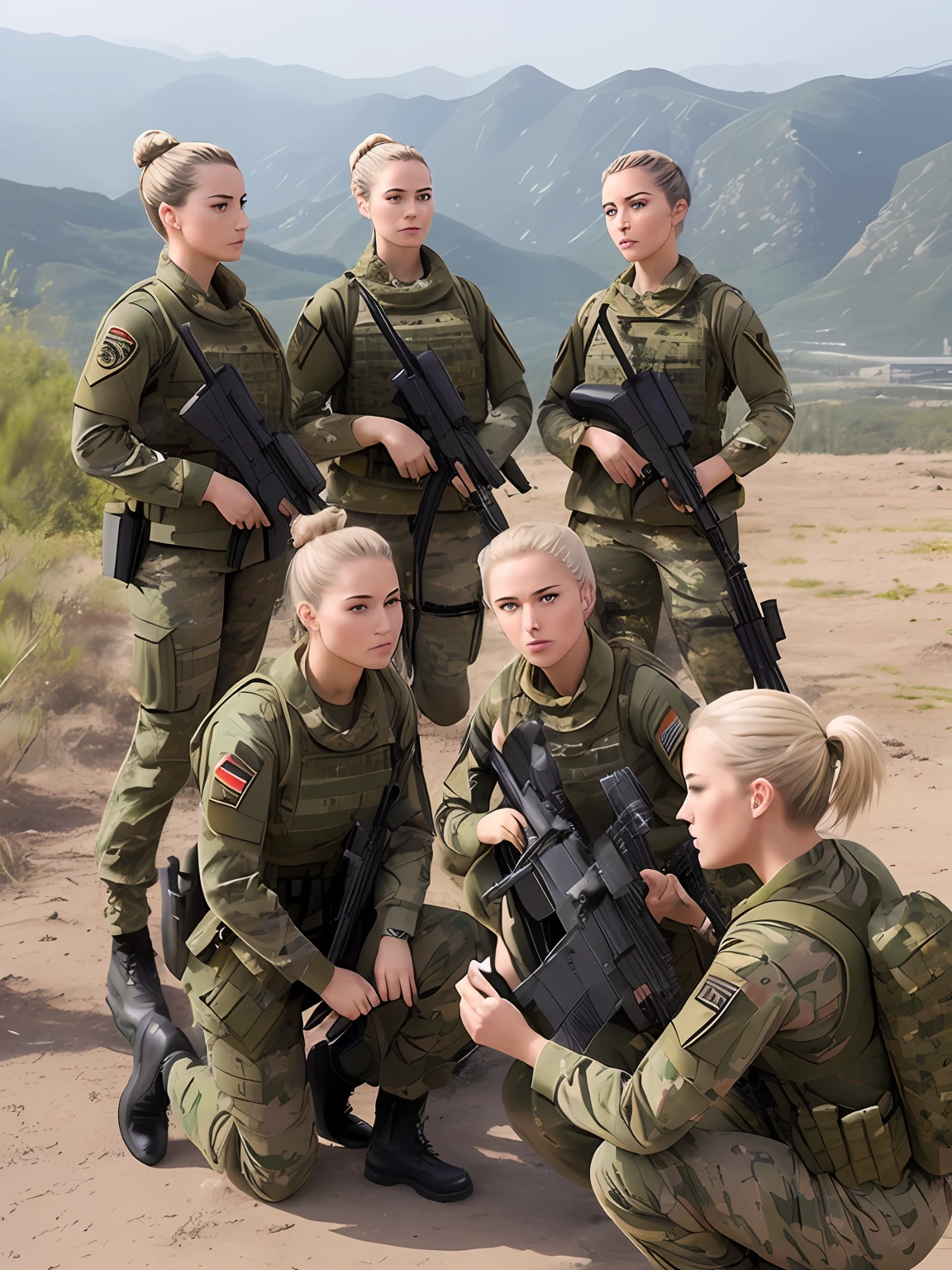 (a powerful scene), (five muscular European military women), (blonde bun hairstyle), (confidently holding HK416 rifles), (striking war pose)