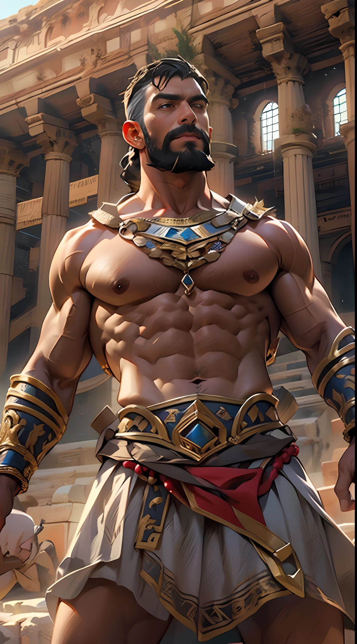Muscular gladiator, upper body revealed, legs uncovered from thighs to feet, adorned with a beaded beard, flowing long curls, intricate muscular details, photorealistic artwork, 4K resolution. Background: Ancient Roman arena.,32k uhd, best quality, masterpiece, super detail, high details