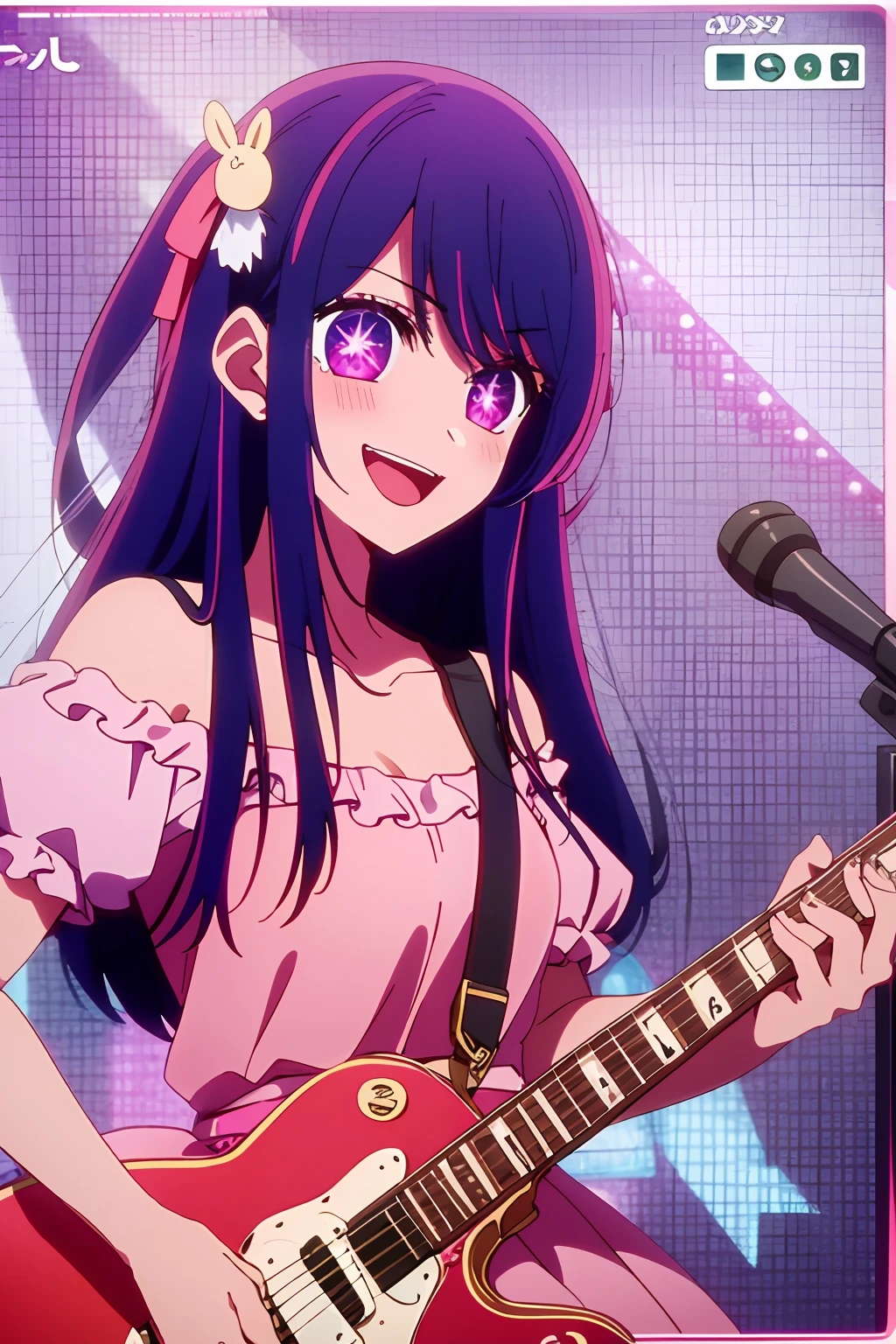 masterpiece、ighly detailed、(1 girl in:1.2)、purple color hair、pink dress、big eye、a closeup、a smile、8K 、Ai Hoshino、Live performance venue