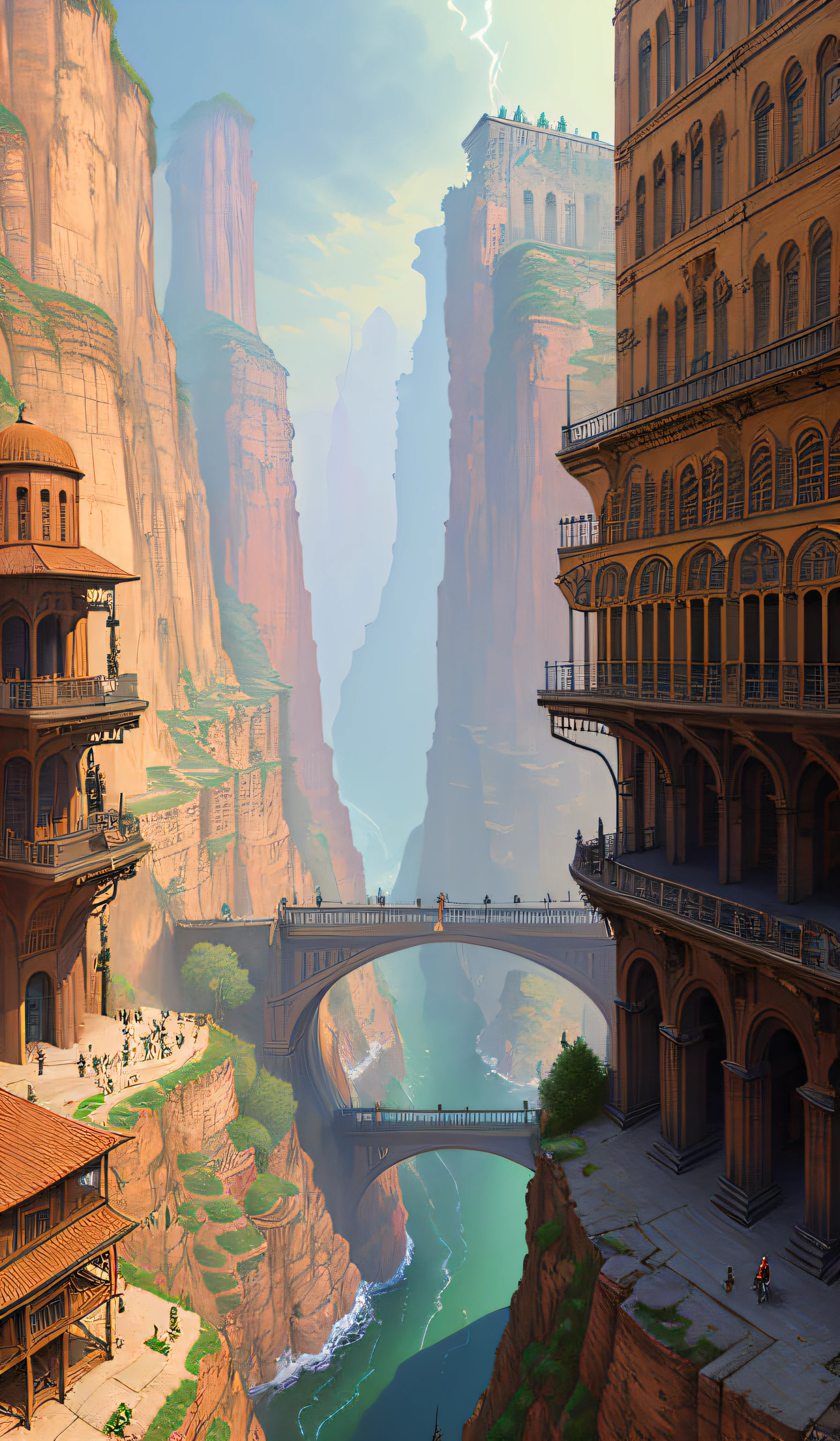 ((masterpiece)),((best quality)),((high detial)),((realistic,)) Industrial age city, deep canyons in the middle, architectural streets, bazaars, Bridges, rainy days, steampunk, European architecture