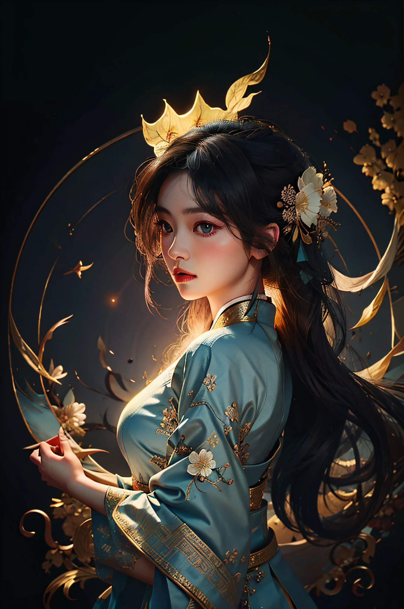 Zhong Fenghua, 1girll, (full bodyesbian) 独奏, Hanfu, flower field, blossom flower, (Black smoke:1.3) (realisticlying:1.5), Zen entanglement, datura, entangled, offcial art, Unity 8k壁纸, ultra - detailed, Beautiful and beautiful, tmasterpiece,best qualtiy, (dynamic angle:1.4), (Realistic:1.5),(Real human photos;1.5),Glowing skin, (Floating colorful flashes:1),The most beautiful forms of chaos,ellegance,Fauvistdesign,vivd colour,Romanticism Depth of Field,