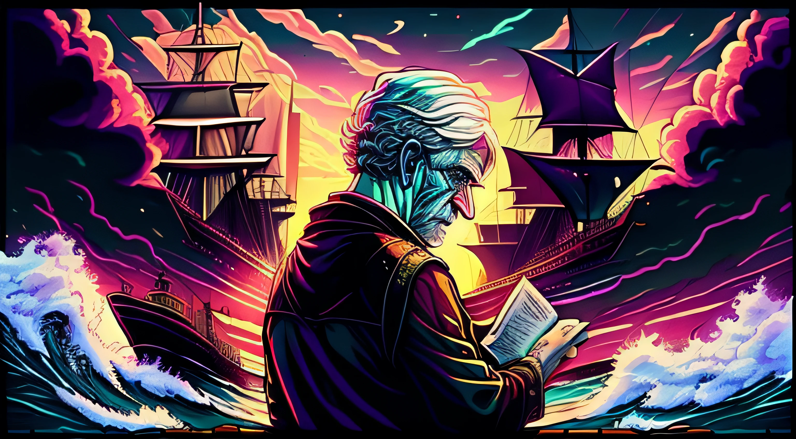 "A thoughtful, contemplative man with wisdom in his eyes, jotting down thoughts on his weathered diary amidst a backdrop of majestic ships sailing in the distant horizon."