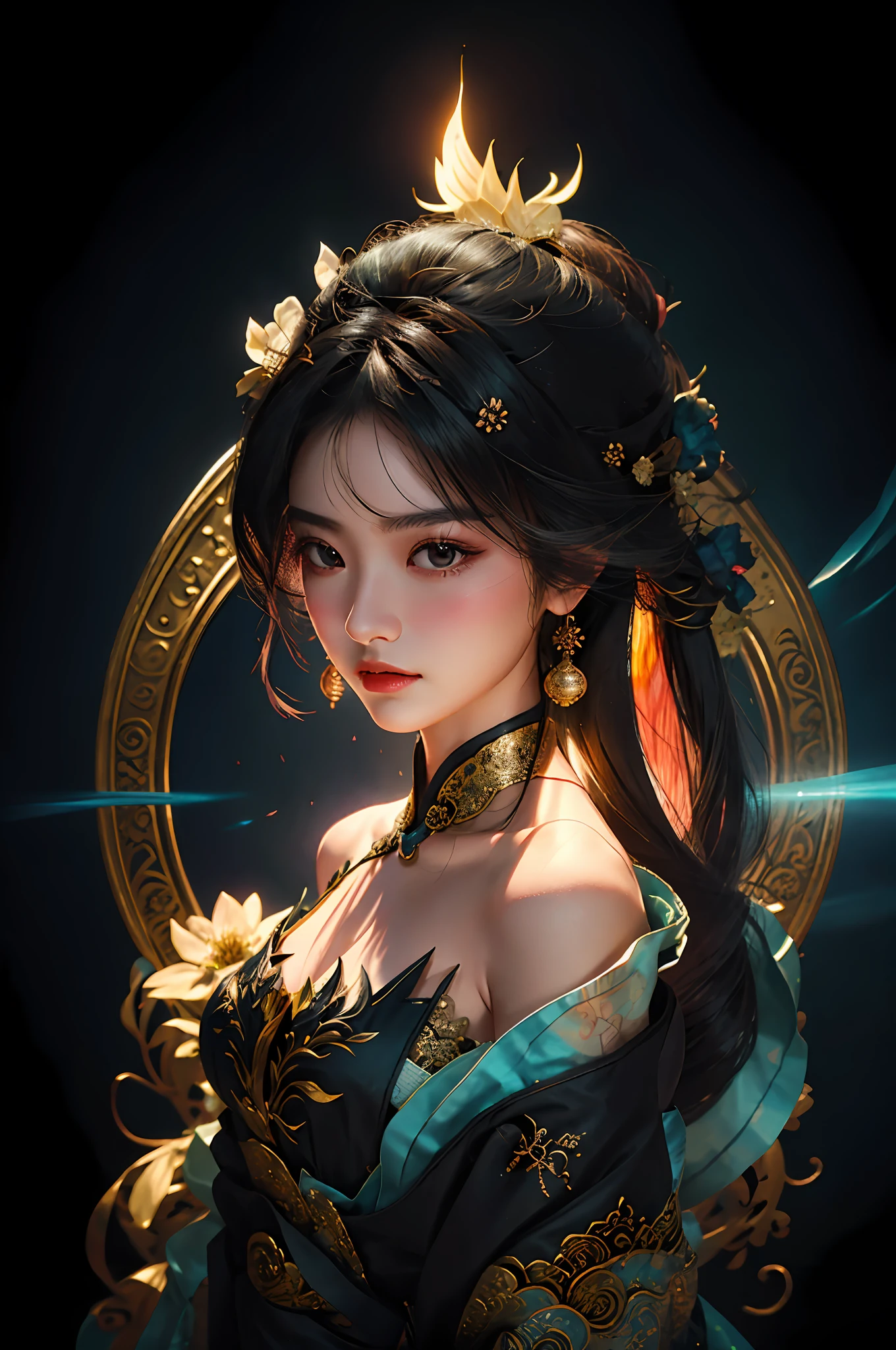 Zhong Fenghua, 1girll, (full bodyesbian) 独奏, Hanfu, flower field, blossom flower, (Black smoke:1.3) (realisticlying:1.5), Zen entanglement, datura, entangled, offcial art, Unity 8k壁纸, ultra - detailed, Beautiful and beautiful, tmasterpiece,best qualtiy, (dynamic angle:1.4), (Realistic:1.5),(Real human photos;1.5),Glowing skin, (Floating colorful flashes:1),The most beautiful forms of chaos,ellegance,Fauvistdesign,vivd colour,Romanticism Depth of Field,