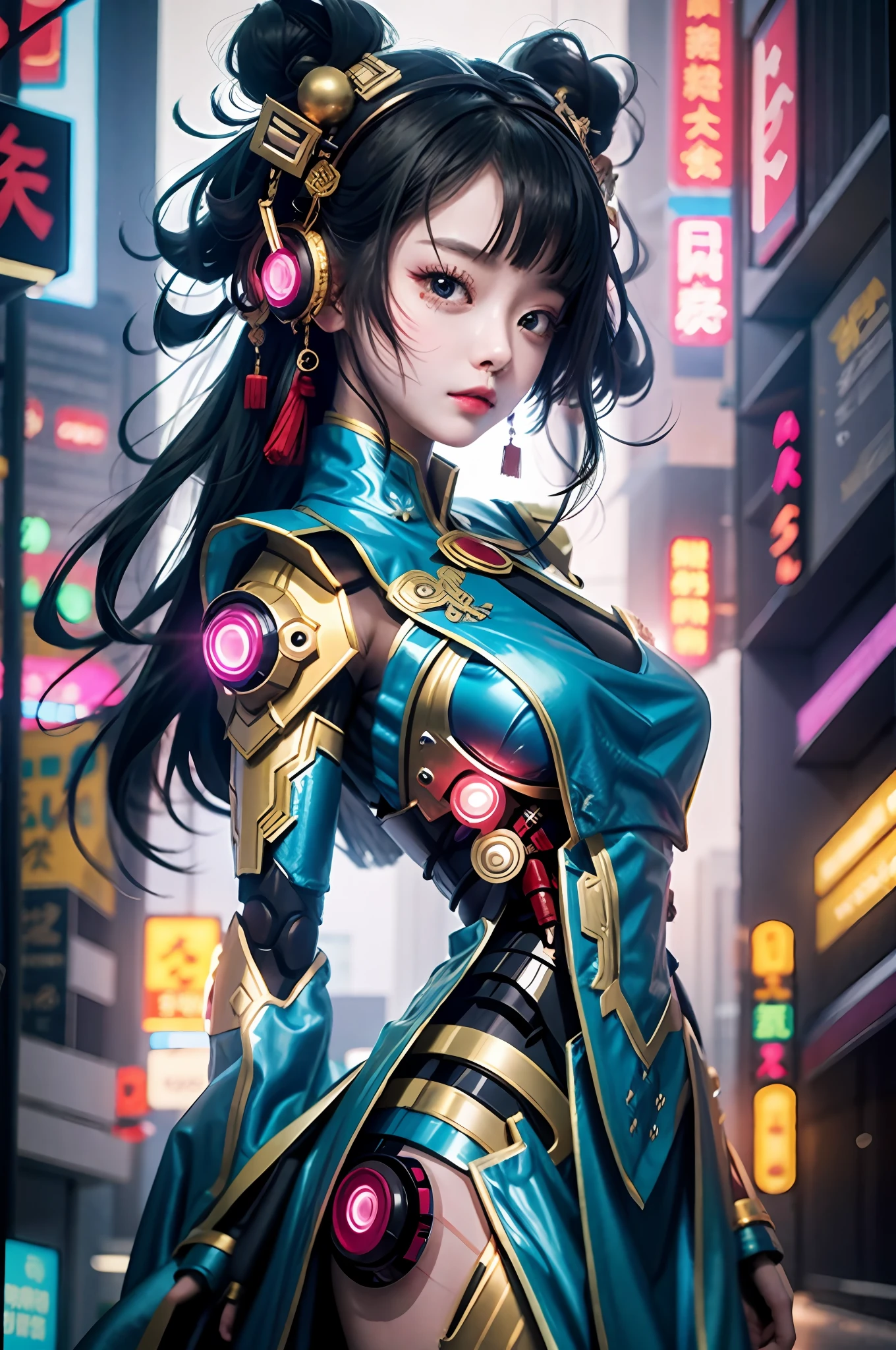 A girl, full body, clear facial features, amazing facial features, beautiful eyes, ancient Chinese costumes, Chinese cyberpunk, cyberpunk city headwear, hair accessories, super complex design, mechanical mecha, technology, stunning lighting, C4D, OC rendering, cinematic edge light, fine light, masterpiece, super detail, epic composition, ultra HD, high quality, 32k