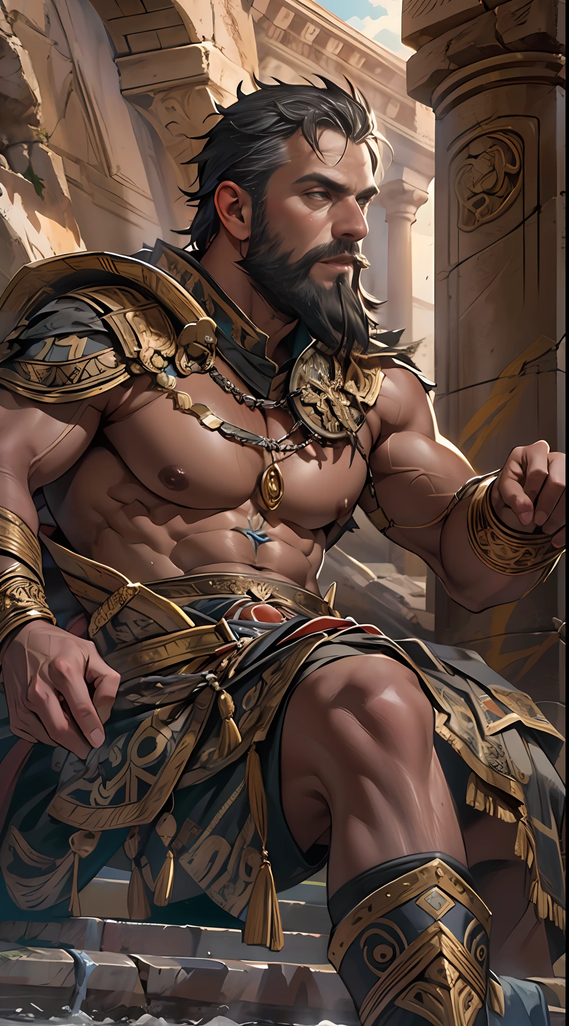 Muscular gladiator, upper body revealed, legs uncovered from thighs to feet, adorned with a beaded beard, flowing long curls, intricate muscular details, photorealistic artwork, 4K resolution. Background: Ancient Roman arena.,32k uhd, best quality, masterpiece, super detail, high details