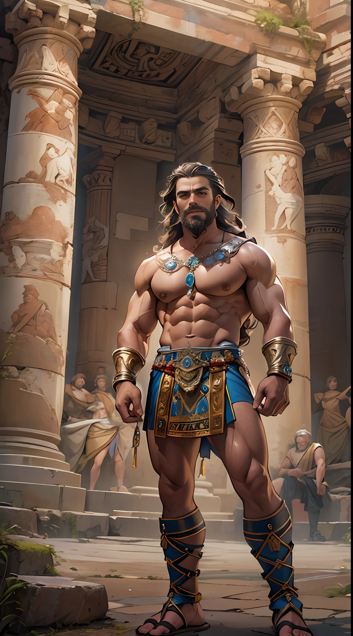 Muscular gladiator, upper body revealed, legs uncovered from thighs to feet, adorned with a beaded beard, flowing long curls, intricate muscular details, photorealistic artwork, 4K resolution. Background: Ancient Roman arena.,32k uhd, best quality, masterpiece, super detail, high details