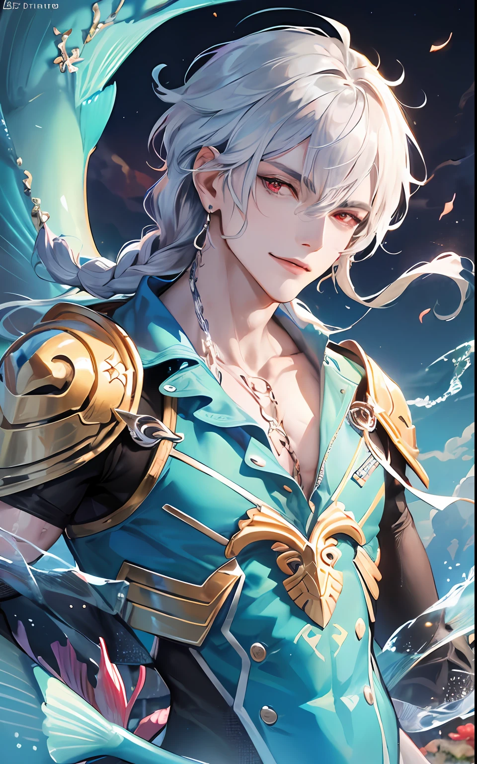 man, masculine, masculine face, attractive, muscular, (((1man))), masterpiece, absurdres, best quality ,intricate details , (shiny skin, shiny body, shiny oily luster skin, shiny hair, pale skintone), Sundown, attractive, ((muscular)), adult, one, earrings, Don't look at the view , Not looking at the view, silver hair, braided hair, perfect detailed face, perfect detailed hands, triton, fins, red eyes, triton ears, ((portait)), smirk, marine sea ornaments, open chest, ((mermaid tail)), no legs, under the sea, fishes, masculine features, masculine face, (((night))), moonlight, darkness, dark light