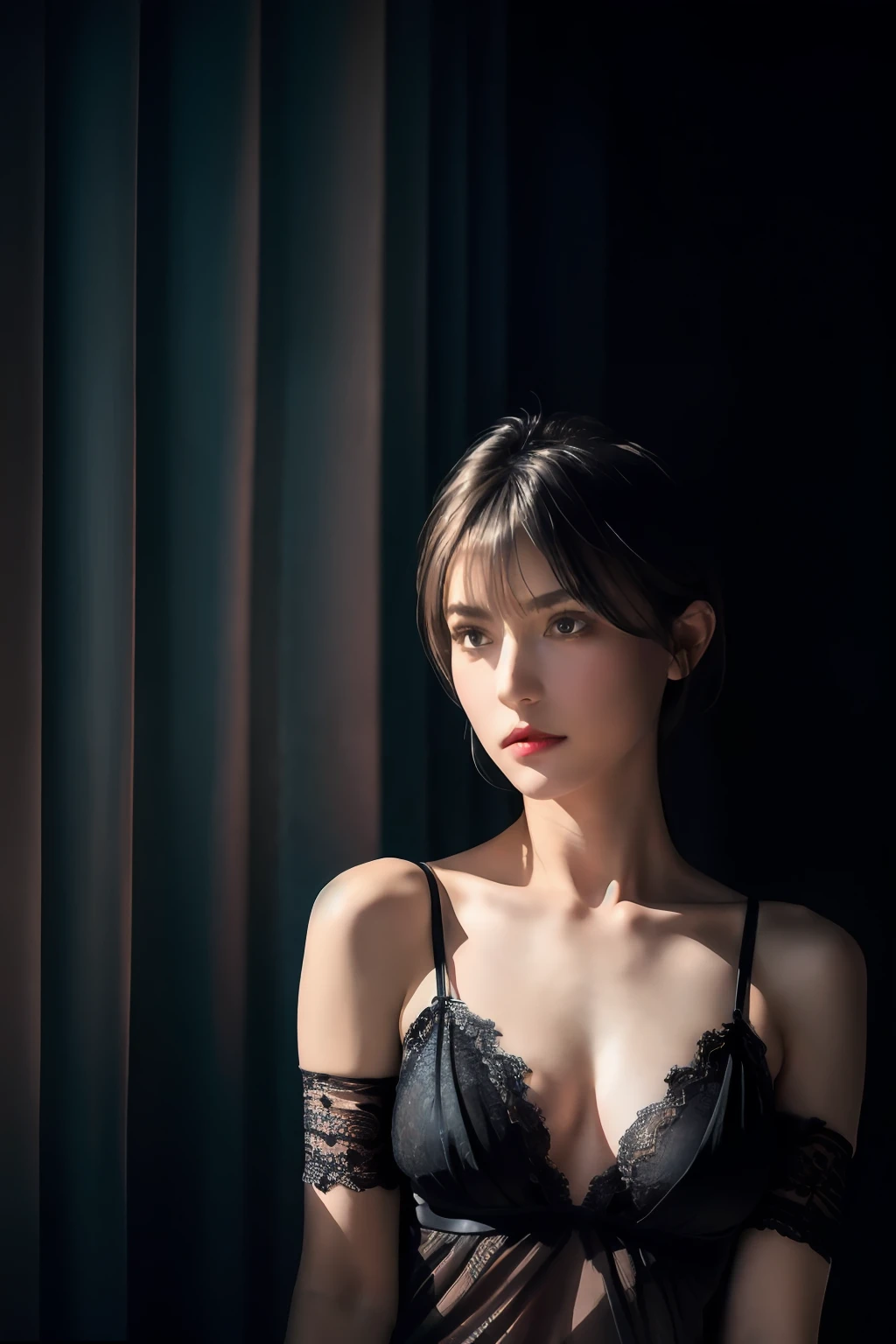 Best quality, masterpiece, ultra high res, (photorealistic:1.4), raw photo, 1girl, ((black lace nightgown)), ((small breast)), cold light