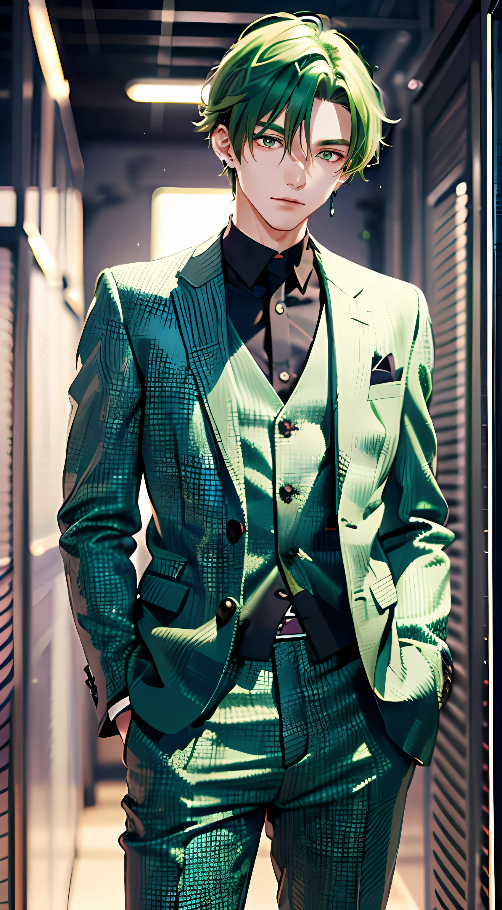 (top-quality:1.4、8K Super Detail CG Wallpapers)、(cute young man、Green eyes and short green hair:1.2)、Floral black suit and long pants、piercings、Fashion Model Posing、Dark background