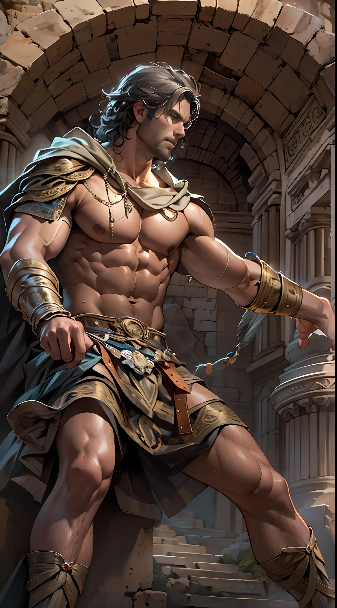Muscular gladiator,Upper body revealed, legs uncovered from thighs to feet, flowing long curls, intricate muscular details, photorealistic artwork. Background: Ancient Roman arena.,32k uhd, best quality, masterpiece, super detail, high details