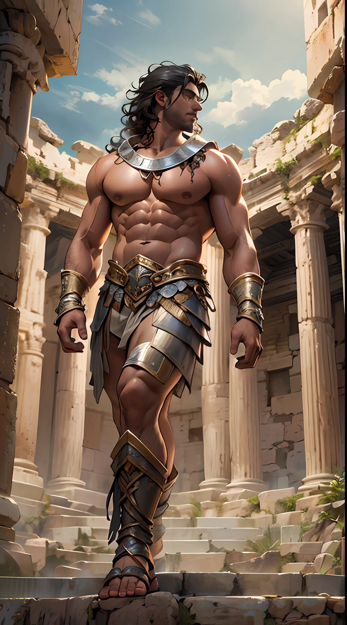 Muscular gladiator,Upper body revealed, legs uncovered from thighs to feet, flowing long curls, intricate muscular details, photorealistic artwork. Background: Ancient Roman arena.,32k uhd, best quality, masterpiece, super detail, high details