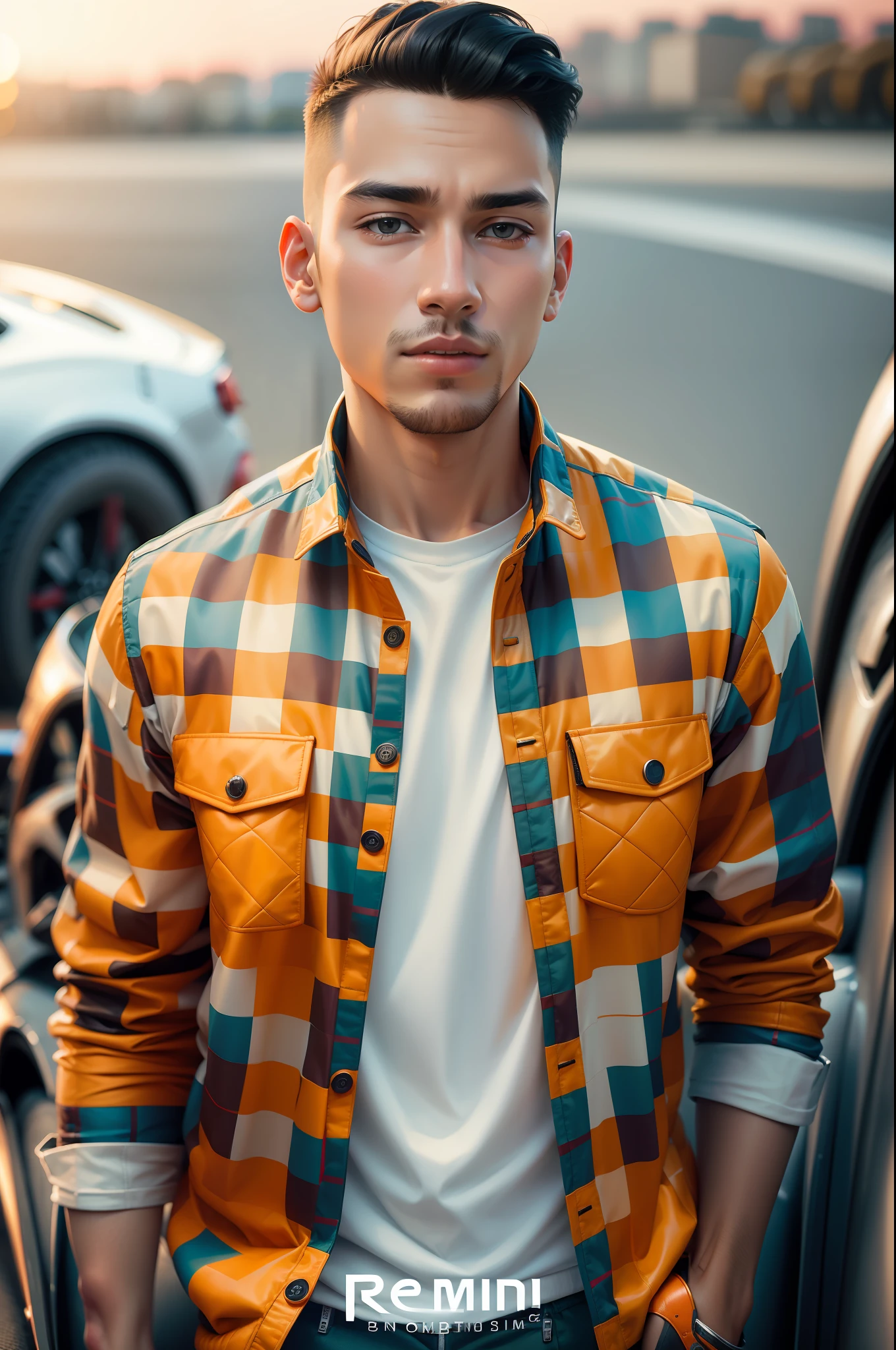 boy wearing demin jacket and change background filled with super cars , rich boy , full hd ,