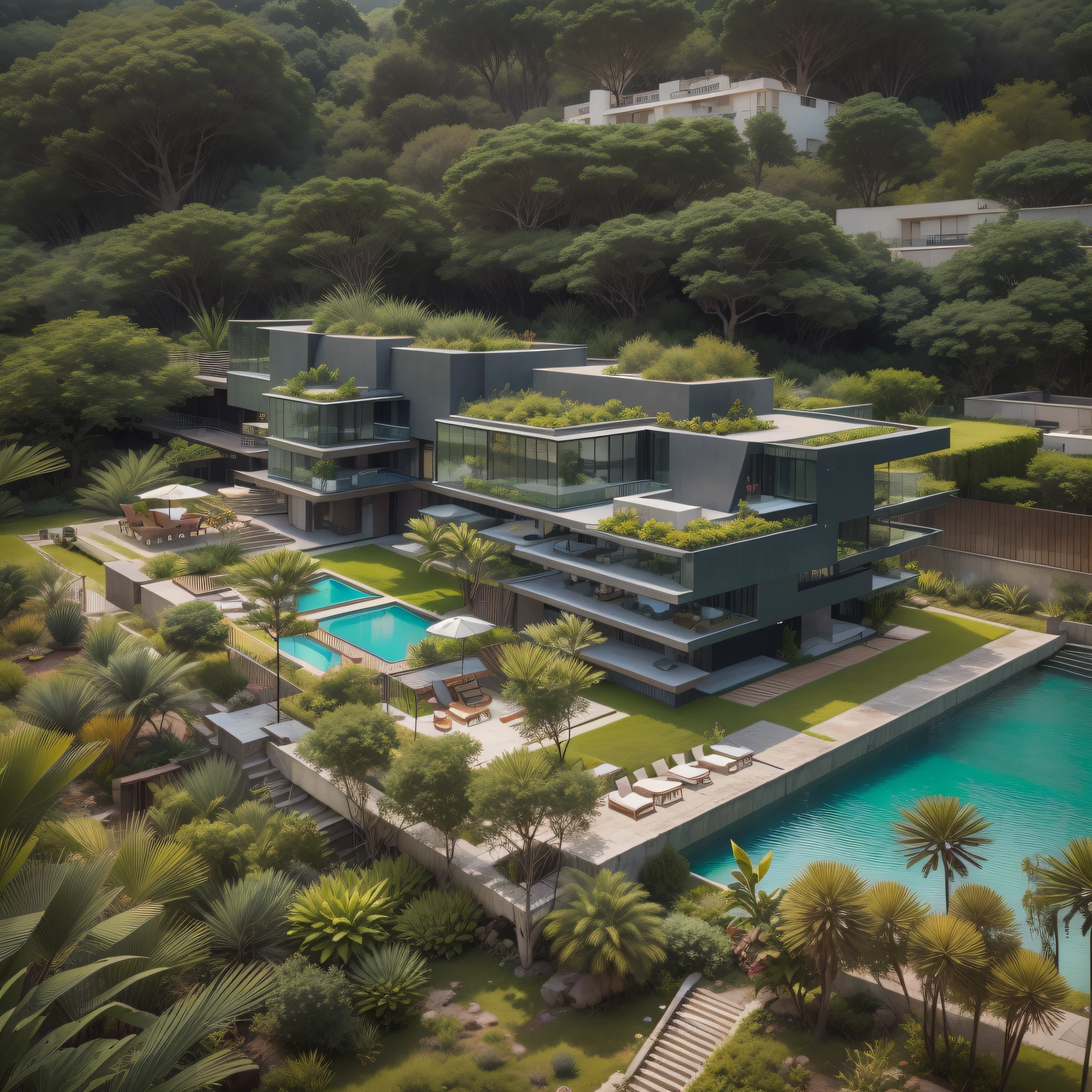 Grande hotel, Arquitetura moderna, building in the background, Architecture of a dark gray concrete building, madeira e vidro, Building with large lawn on the beach, Arquitetura moderna, grande piscina em frente ao hotel, restaurante interior com grandes fachadas em vidro, grandes candeeiros no interior, lots of vegetation around, hotel com 120 quartos, Arquitetura moderna, Living architecture , Geometria luxuosa, hiper-realista, Fantastic 8K architecture, UHD — AR 16: