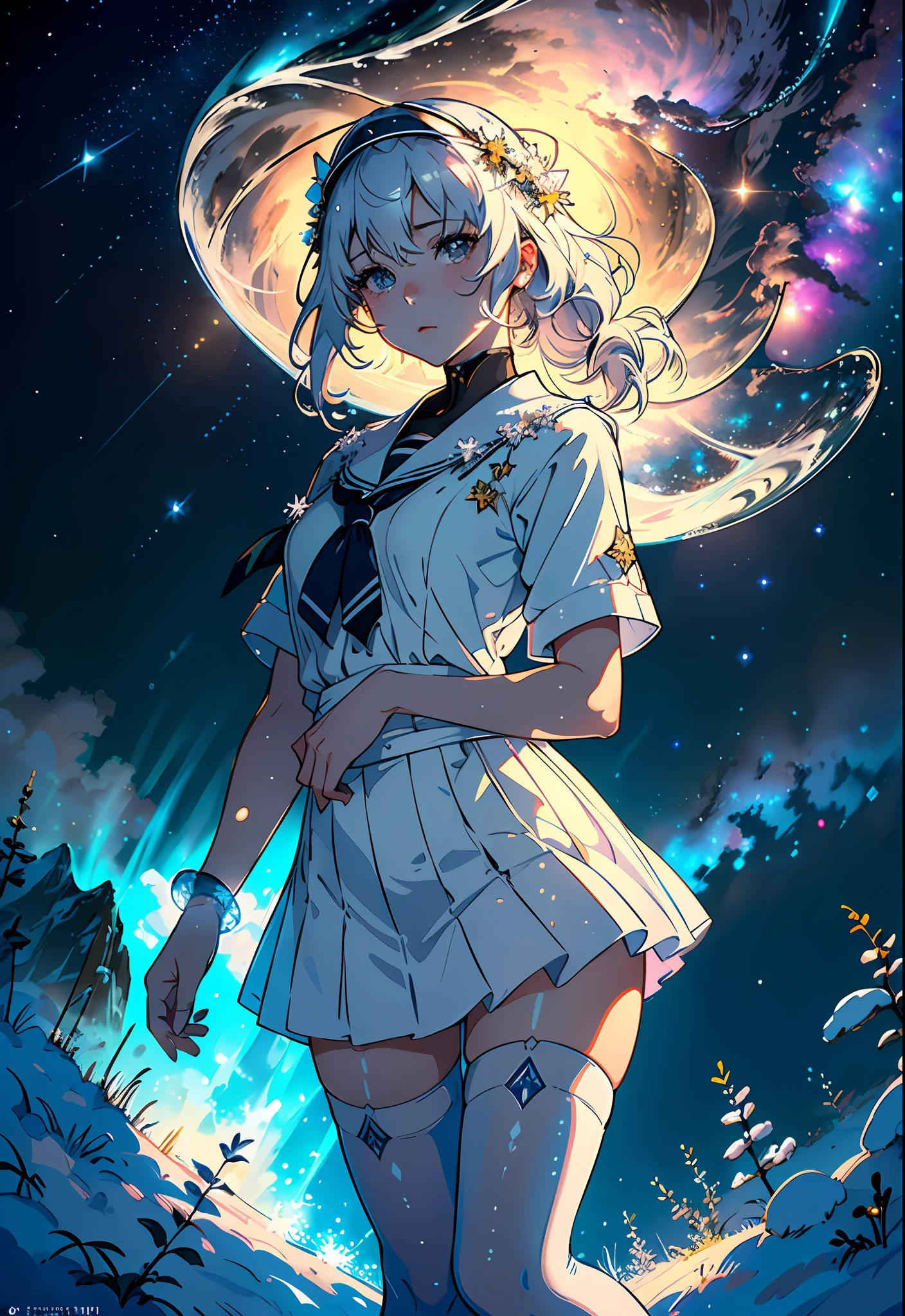 (masterpiece), (best quality), (official art, extremely detailed CG unity 8k wallpaper), (highly detailed), ((absurdres)), 1girl, mid shot, (exquisite facial features),(serafuku:1.3) ((sfw)),((clear hands)), ((white thighhighs without shoes)),flower-shaped pupils, color contact lenses, stars in the eyes, (((masterpiece))), ((the best quality, super fine illustrations, beautiful and delicate water)), ((very delicate light)), ((nature, painting)), ((fine lighting, more transparent stars, high-quality snowflakes, high-quality mountains, very fine 8KCG wallpapers)), (plateau), (((snow mountain))), sunrise, randomly distributed clouds, (snow field), cliff, ((rotating star sky)), ((lake in mountain stream)), luminous particles 
,hiqcgbody,atdan,shinkai makoto,masterpiece, best quality,