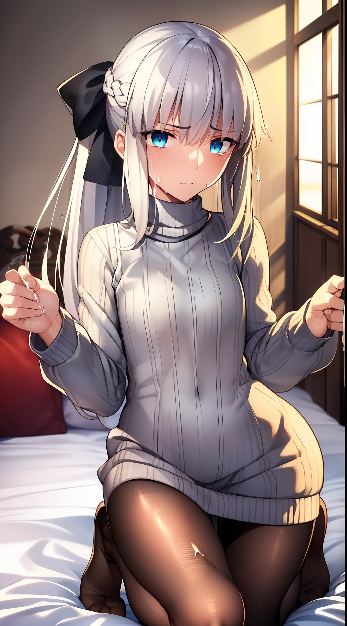 {{beautiful}}, amazing, (best quality:1.5), (masterpiece:1.5), extremely delicate and beautiful, intricate details, finely detailed, extremely detailed, beautifully detailed, ultra-detailed, (hyperdetailed:1.5), high resolution, (illustration), watercolor pencil, Clear line drawing, (ufotable style:1.1), (ufotable screen cap:1.1), anime coloring, anime screencap, (latest picture), backlighting, dynamic angle, glow, depth of field, {{body satisfaction}}, (body with a good balance of style:1.5), (slender figure:1.5), perfect body, perfect hands, perfect feet, (two arms:1.2), (two legs:1.2), (five fingers each:1.2), (perfect joint:1.2), perfect joint movement, beautiful detailed eyes, (detailed eyes:1.5), finely detailed eyes, perfect anatomy, full dissection, perfect composition, correct limbs, balance and coordination in all things, realistic:0.5, precise fingers and hands, (finely drawn hair:1.5), {{morgan le fay (\fate\)}}, fate grand order, long hair, braid, bangs, white hair, ponytail, black ribbon, blue eyes, medium breasts, small-sized buttocks, {{Bedroom}}, (bed:1.2), bed background, indoors, {{long-sleeved sweater}}, (long-sleeved sweater:1.5), (taking out a hem:1.2), (black pantyhose:1.5), {{blush}}, shy, (sweat:1.5), (teary eyes:1.7), (ecstasy:1.5), gasping face, (ecstasy face), (white liquid drips between her legs and down her thighs:1.5), (spread one's legs:1.3), (solo:1.5), self-love, self fondle, 1girl, (cowgirl style), (kneeling:1.5), cowgirl position, standing on both knees,