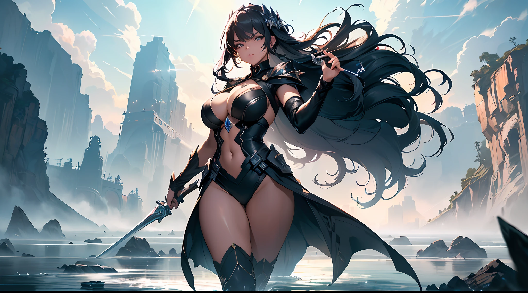 (((Create an image of a stunning woman wielding a weapon with lethal grace. Her allure is undeniable, with a commanding presence that captivates all who behold her. With piercing eyes that reflect determination, she exudes an air of confidence and skill. Her flowing hair cascades like a river of silk, adding to the allure of her mesmerizing persona. Adorned in sleek, battle-ready attire, she moves with agile elegance. The weapon she brandishes reflects her mastery, gleaming with an aura of power. Set against a backdrop of swirling mist or dramatic scenery, she stands as a formidable force. The juxtaposition of her striking beauty and deadly prowess creates an irresistible allure that draws viewers into her enthralling world.))), deviantart hd, artstation hd, detailed face and body, award-winning photography, margins, detailed face, trending on ArtStation, trending on CGSociety award winning drawing, Paolo Eleuteri Serpieri,