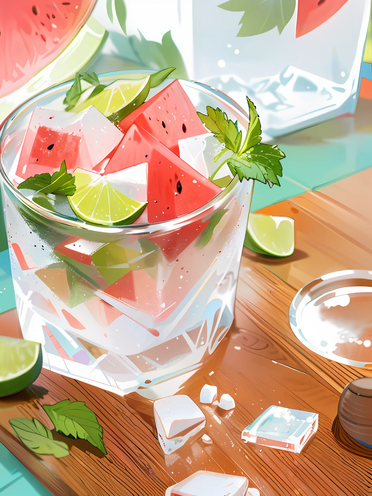 A glass of soft drink,Frozen,Freeze effect,Place on a wooden pallet,There are a few pieces of watermelon inside,There are mint leaves,Cut small orange green,There are ice cubes,There are several scattered ice cubes on the board,Super realistic food pictures, full subject shown in photo,,Randy Post, hyper realistic ", hyper realistic", high res photo,the watercolor style,illustration,